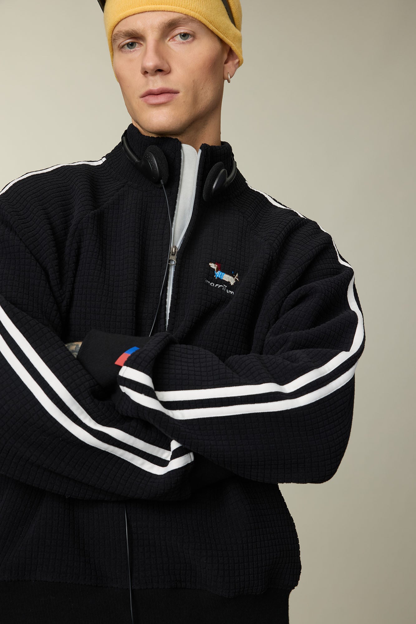 UMAMIISM Waffle Side Stripe Embroidered Half-Zip Pullover, premium urban and streetwear designers apparel on PROJECTISR.com, UMAMIISM
