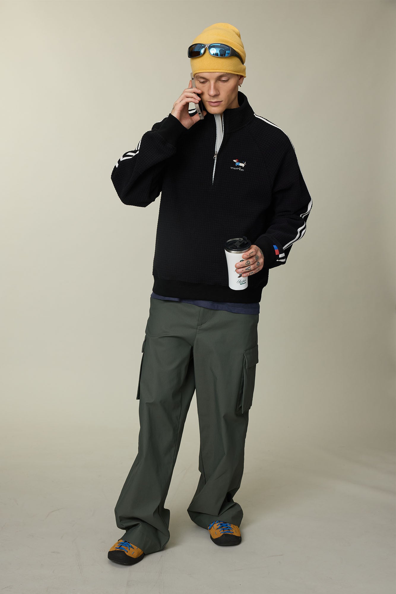 UMAMIISM Waffle Side Stripe Embroidered Half-Zip Pullover, premium urban and streetwear designers apparel on PROJECTISR.com, UMAMIISM