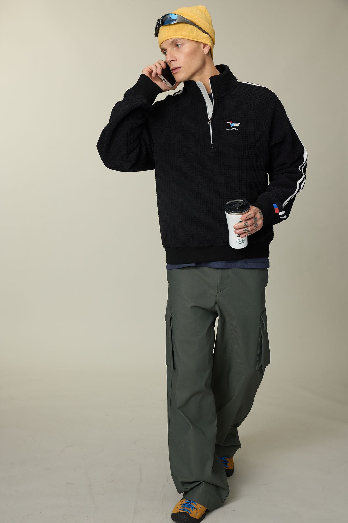 UMAMIISM Waffle Side Stripe Embroidered Half-Zip Pullover, premium urban and streetwear designers apparel on PROJECTISR.com, UMAMIISM