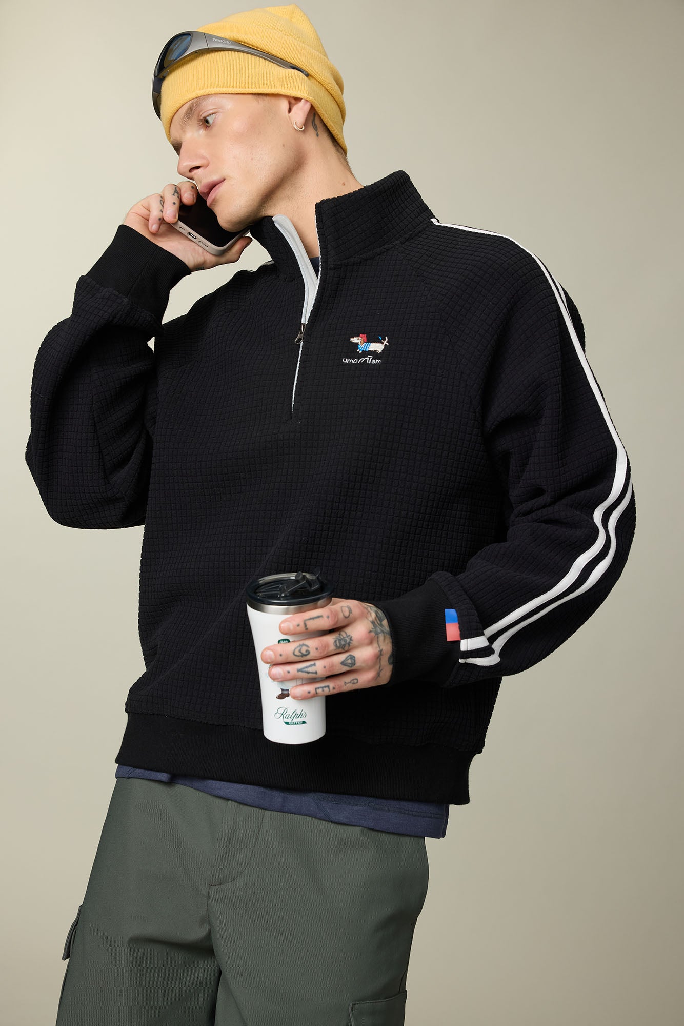 UMAMIISM Waffle Side Stripe Embroidered Half-Zip Pullover, premium urban and streetwear designers apparel on PROJECTISR.com, UMAMIISM