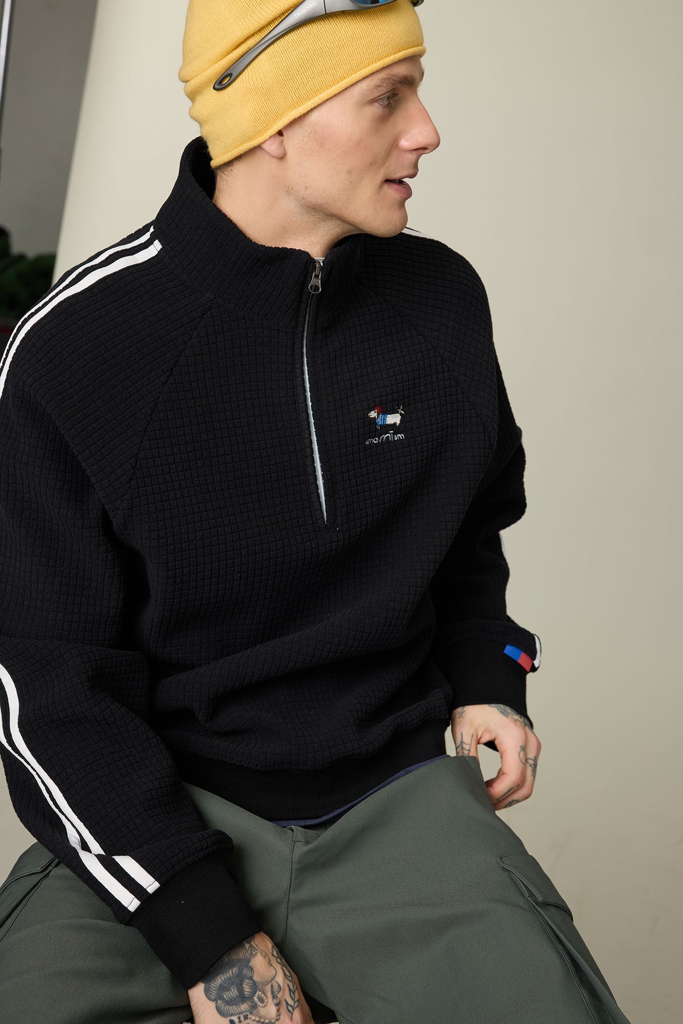 UMAMIISM Waffle Side Stripe Embroidered Half-Zip Pullover, premium urban and streetwear designers apparel on PROJECTISR.com, UMAMIISM
