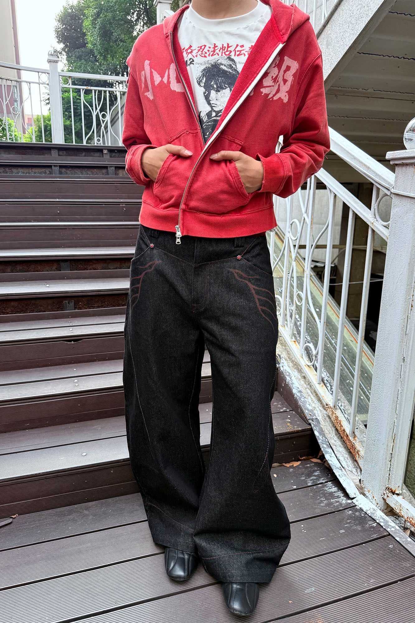 ESAIAS Vermilion Stitch Red Turquoise Curved Denim Pants, premium urban and streetwear designers apparel on PROJECTISR.com, ESAIAS