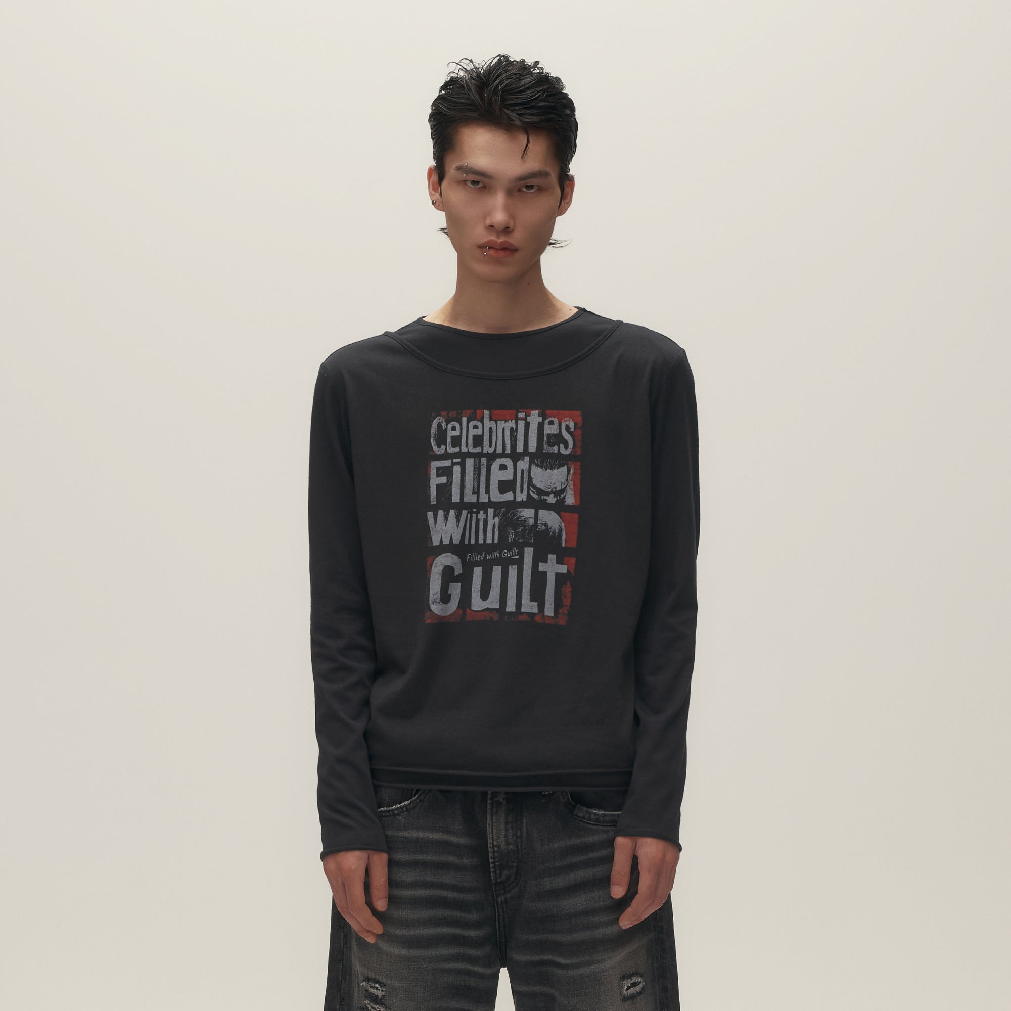 SAVAGEGROWTHWORLD Graphic Double-Layer Neckline Long-Sleeve Tee, premium urban and streetwear designers apparel on PROJECTISR.com, SAVAGEGROWTHWORLD