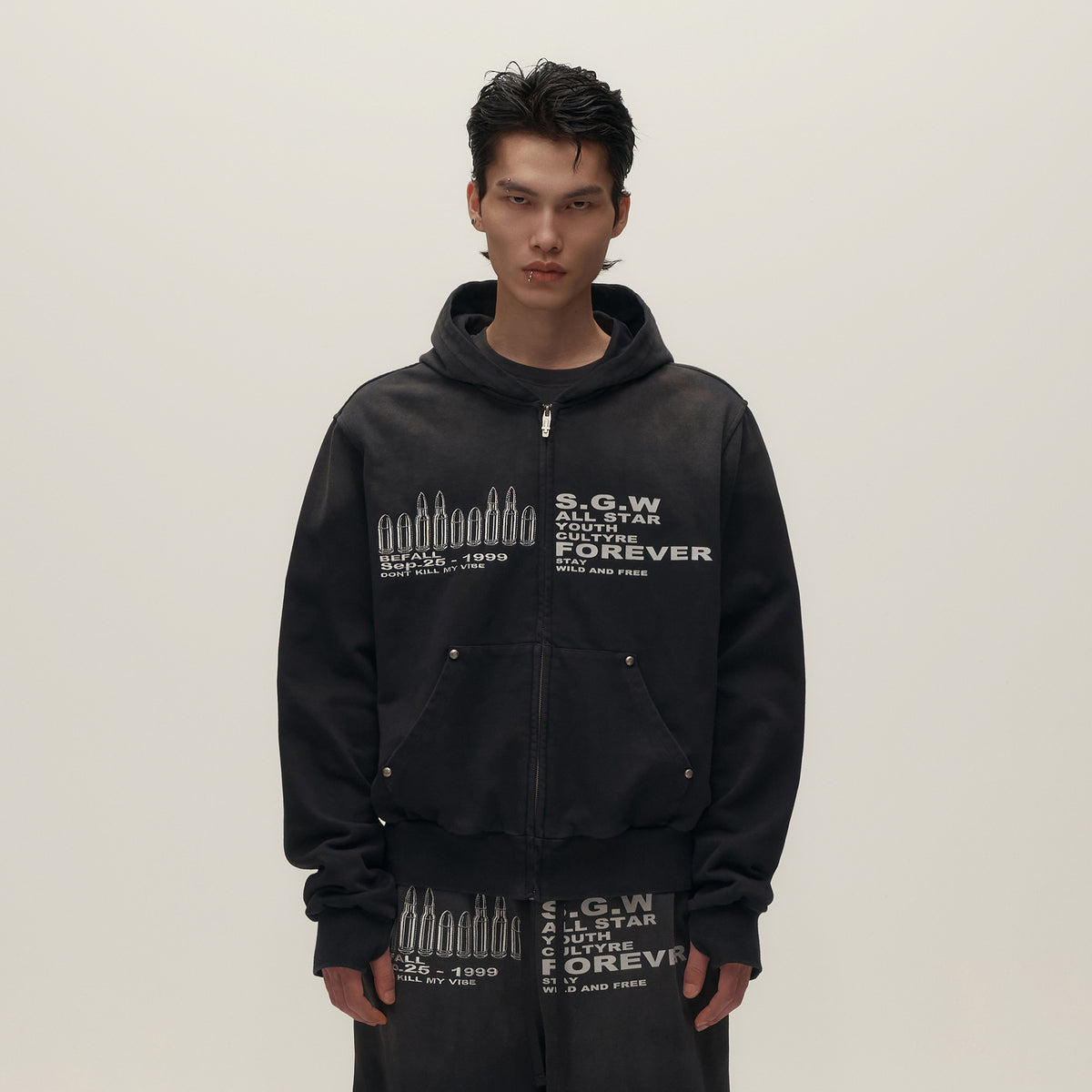 SAVAGEGROWTHWORLD Bullet Hole Graphic Washed Zip-Up Hoodie