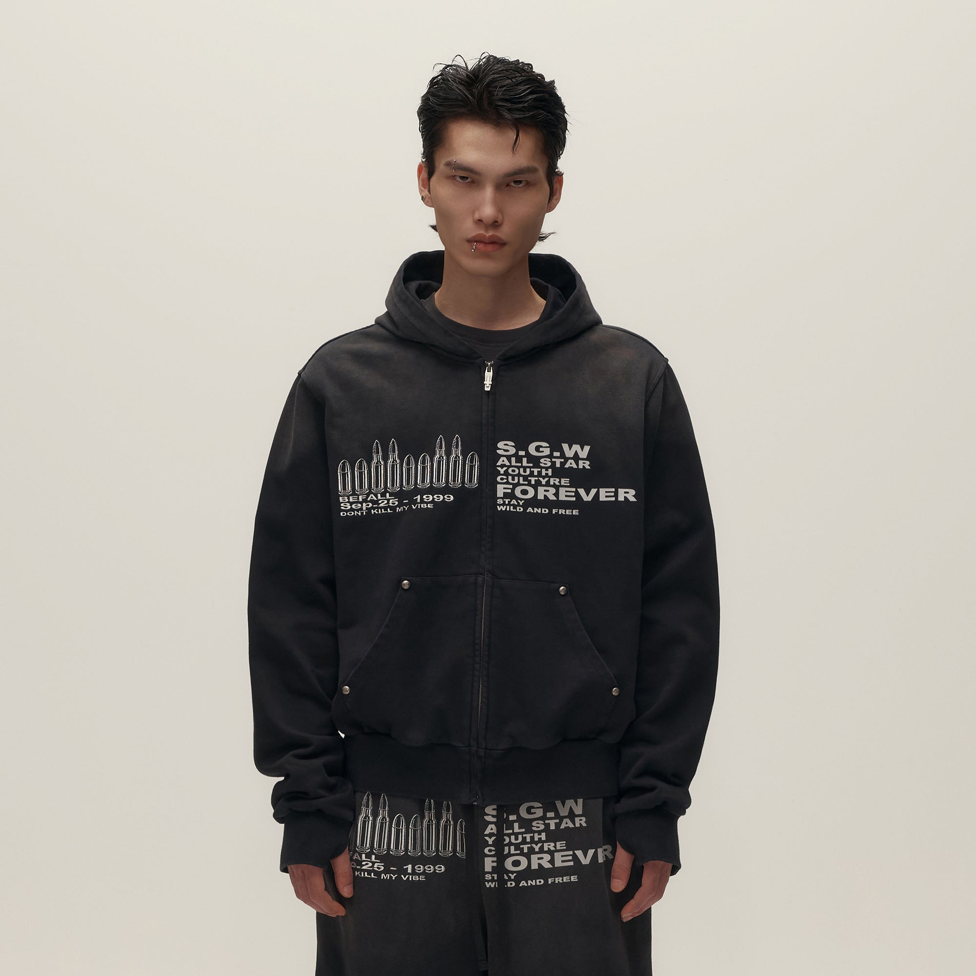 SAVAGEGROWTHWORLD Bullet Hole Graphic Washed Zip-Up Hoodie, premium urban and streetwear designers apparel on PROJECTISR.com, SAVAGEGROWTHWORLD