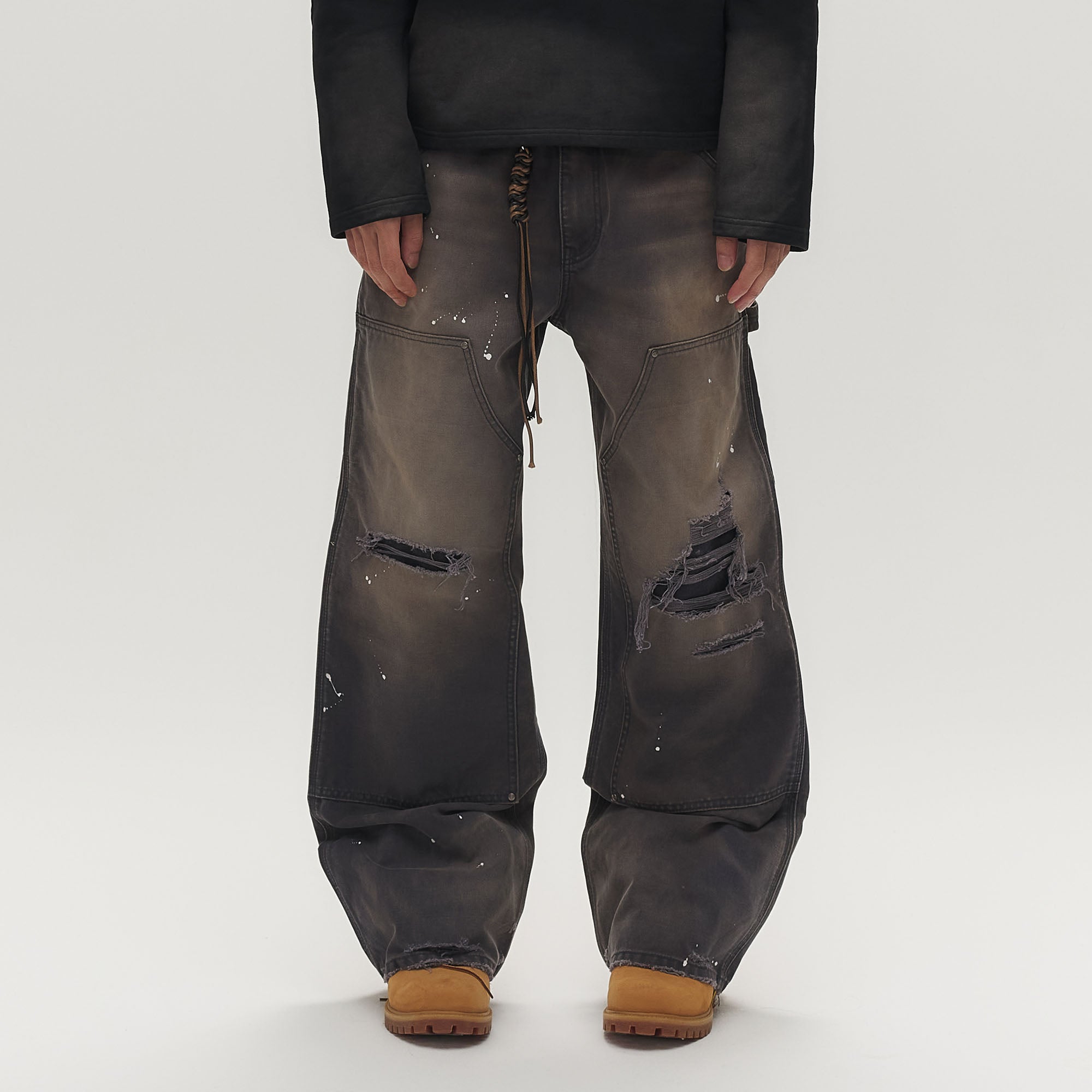 SAVAGEGROWTHWORLD Distressed Double-Knee Splatter Jeans, premium urban and streetwear designers apparel on PROJECTISR.com, SAVAGEGROWTHWORLD