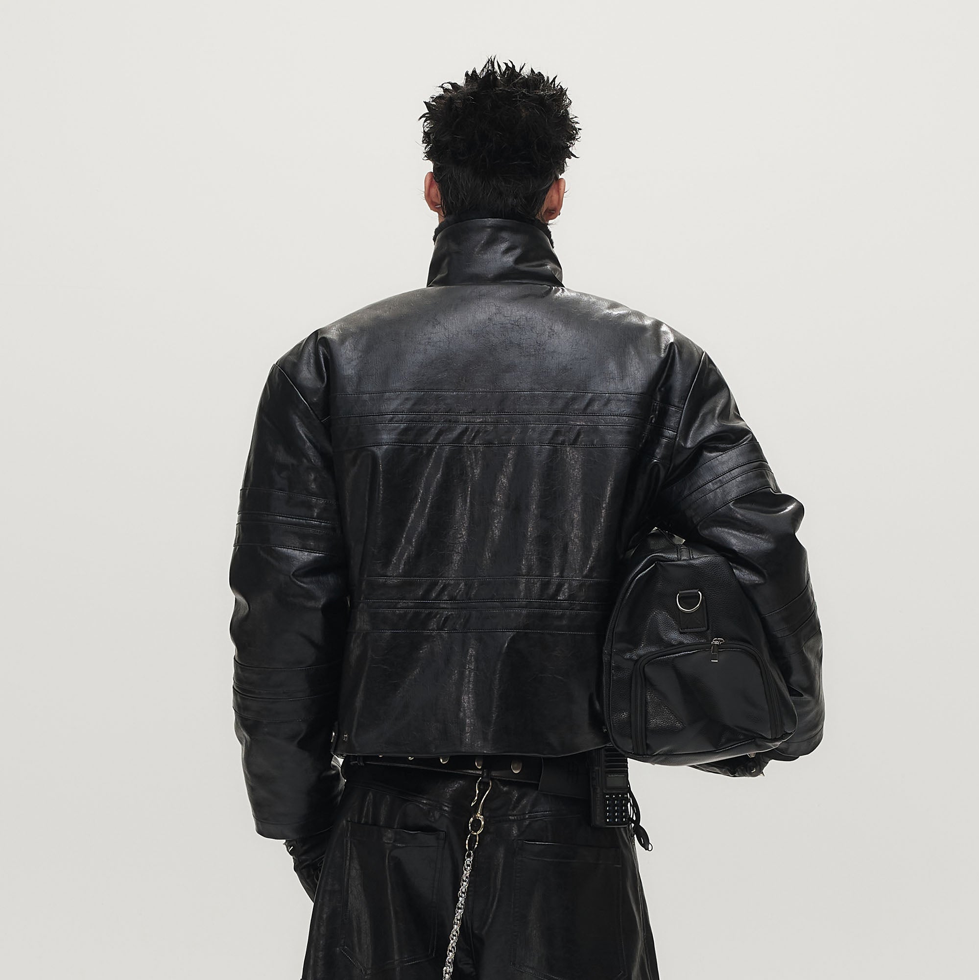 SAVAGEGROWTHWORLD Hook Buckle Faux Leather Puffer Jacket