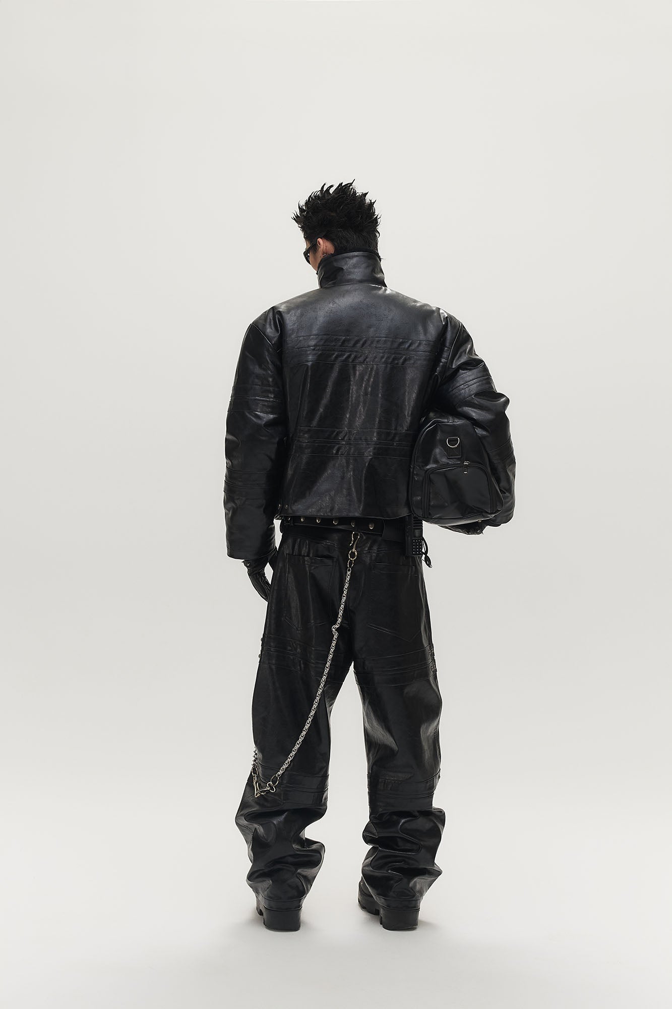 SAVAGEGROWTHWORLD Faux Leather Panel Rivet Pants