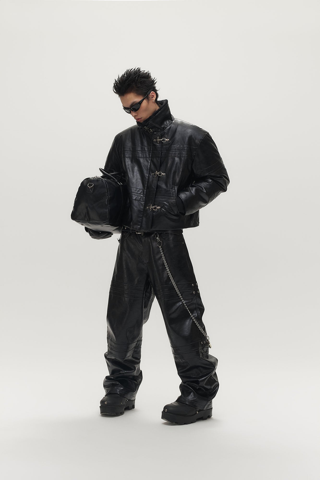 SAVAGEGROWTHWORLD Hook Buckle Faux Leather Puffer Jacket SAVAGEGROWTHWORLD Hook Buckle Faux Leather Puffer Jacket