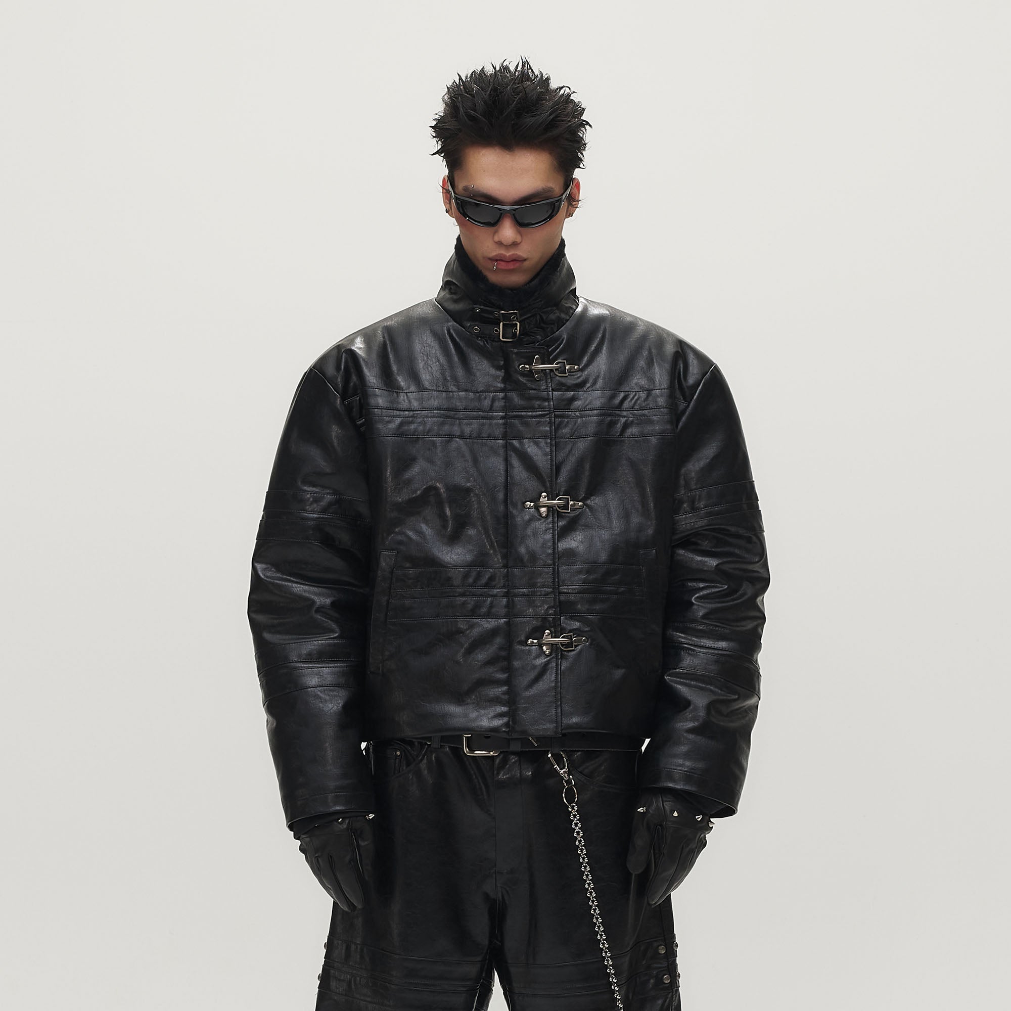 SAVAGEGROWTHWORLD Hook Buckle Faux Leather Puffer Jacket