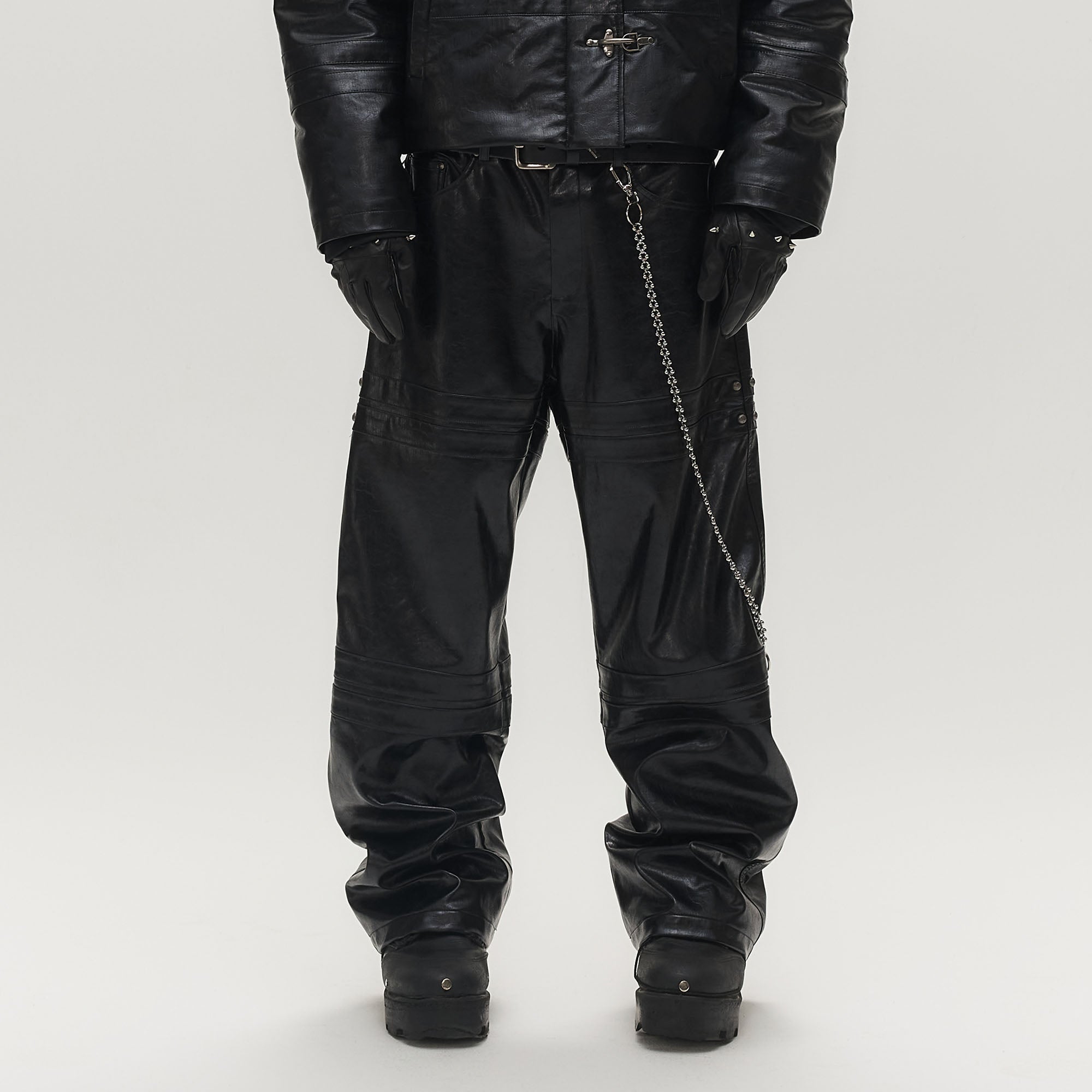 SAVAGEGROWTHWORLD Faux Leather Panel Rivet Pants