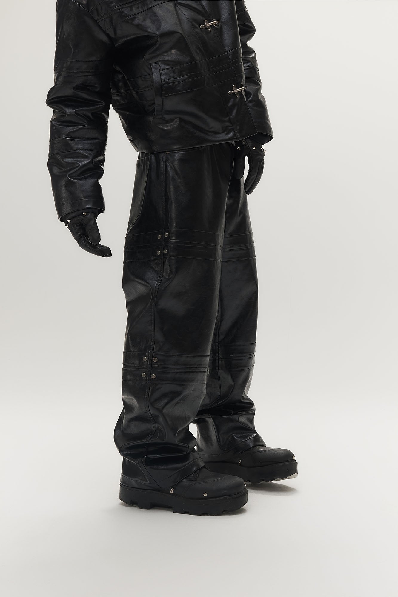 SAVAGEGROWTHWORLD Faux Leather Panel Rivet Pants