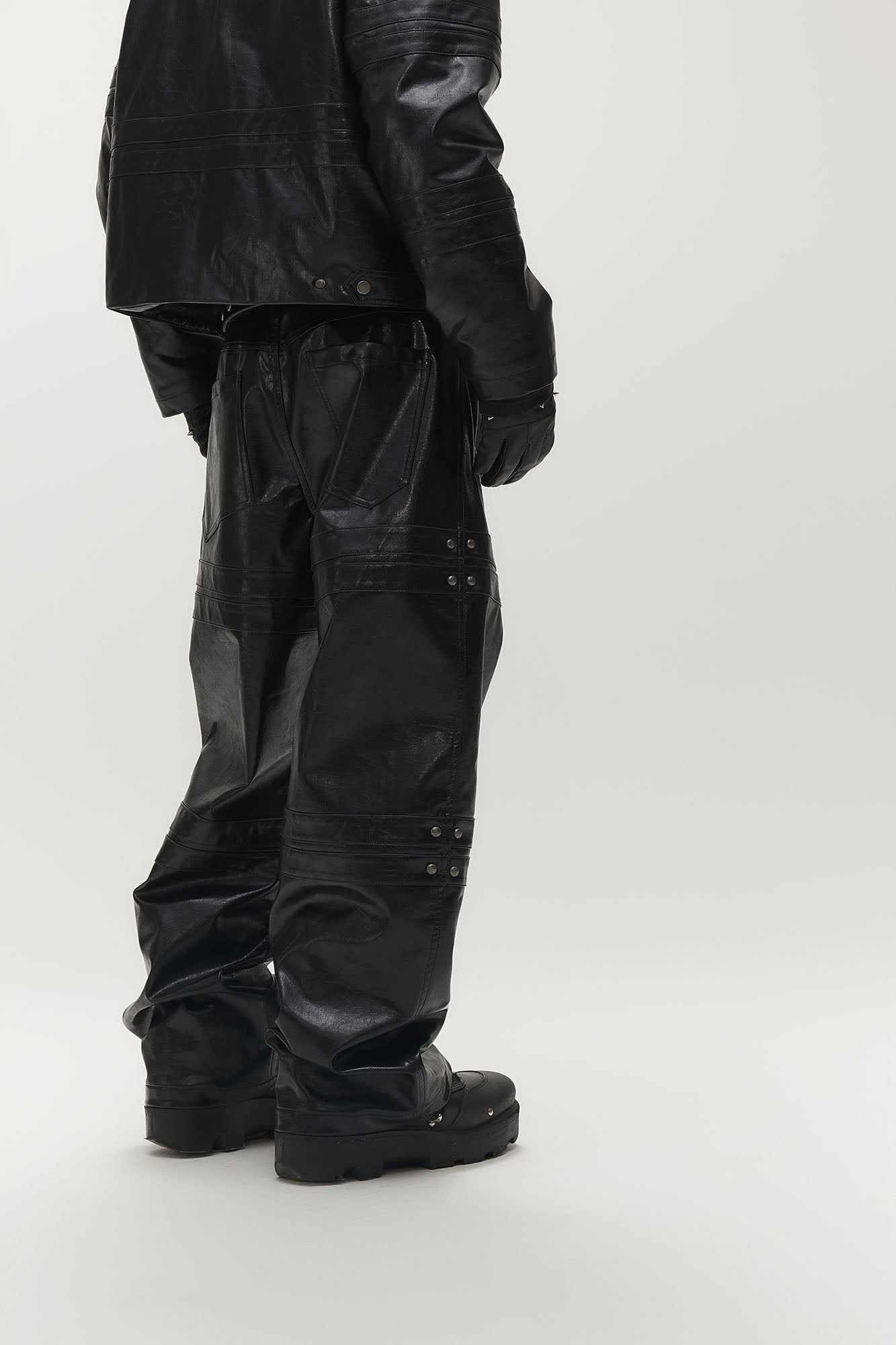 SAVAGEGROWTHWORLD Faux Leather Panel Rivet Pants