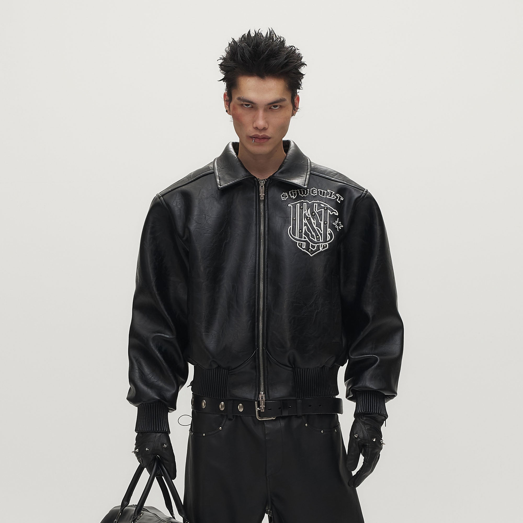 SAVAGEGROWTHWORLD No.05 Patch Faux Leather Studded Moto Jacket