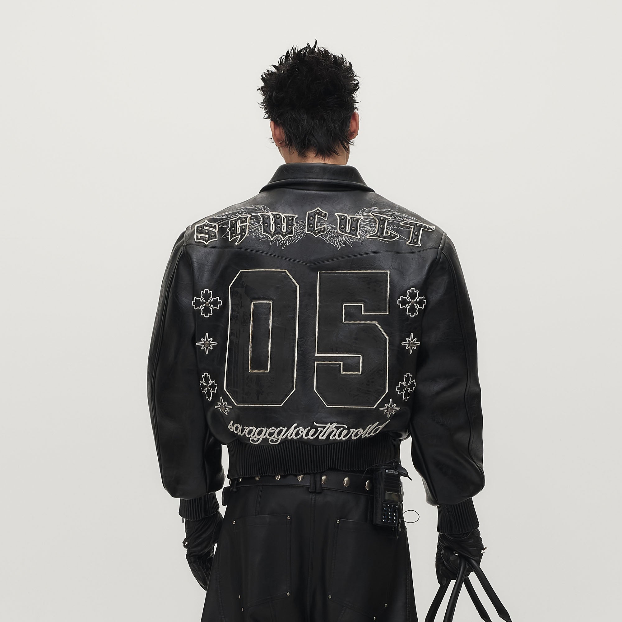 SAVAGEGROWTHWORLD No.05 Patch Faux Leather Studded Moto Jacket