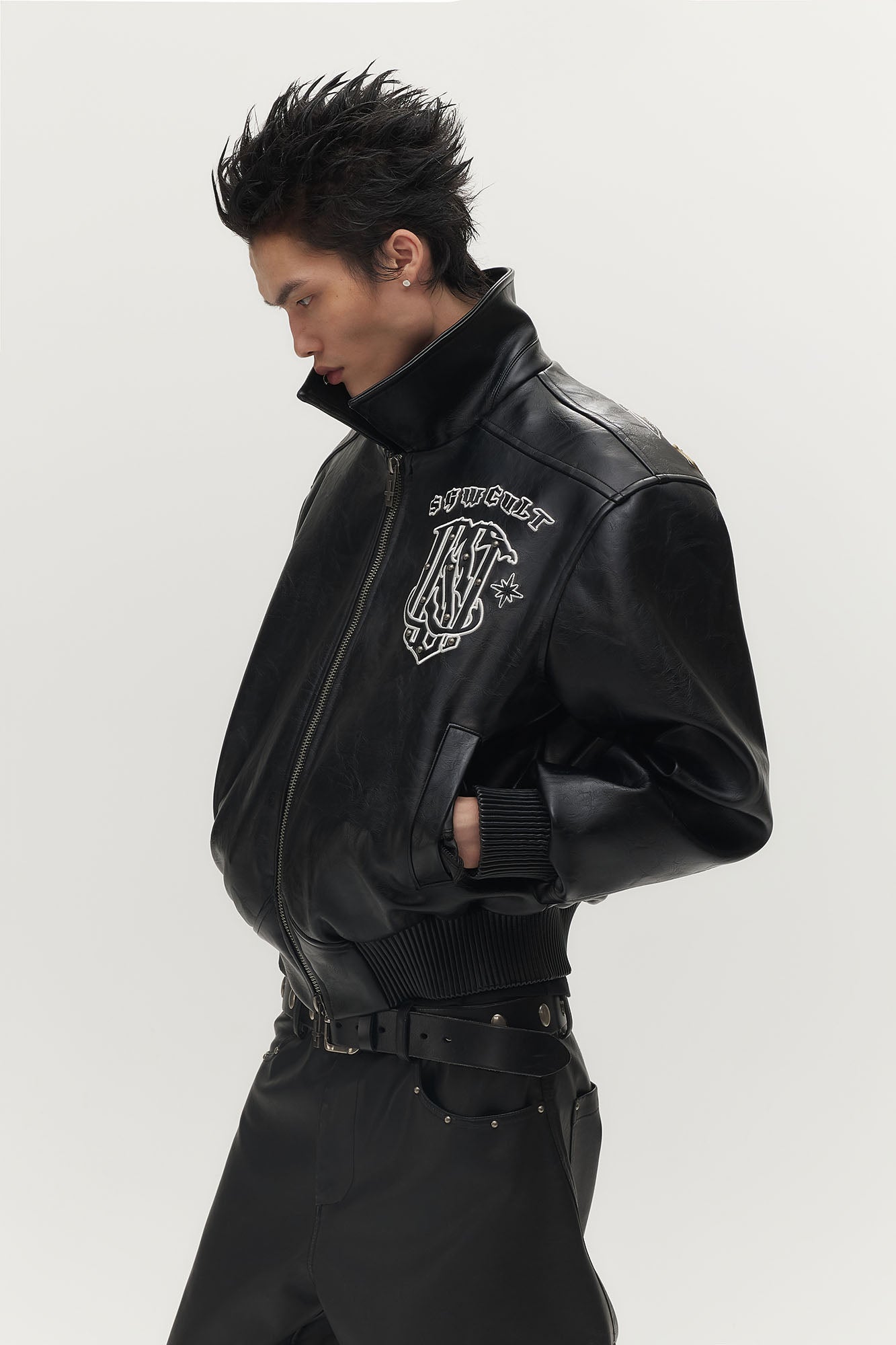 SAVAGEGROWTHWORLD No.05 Patch Faux Leather Studded Moto Jacket