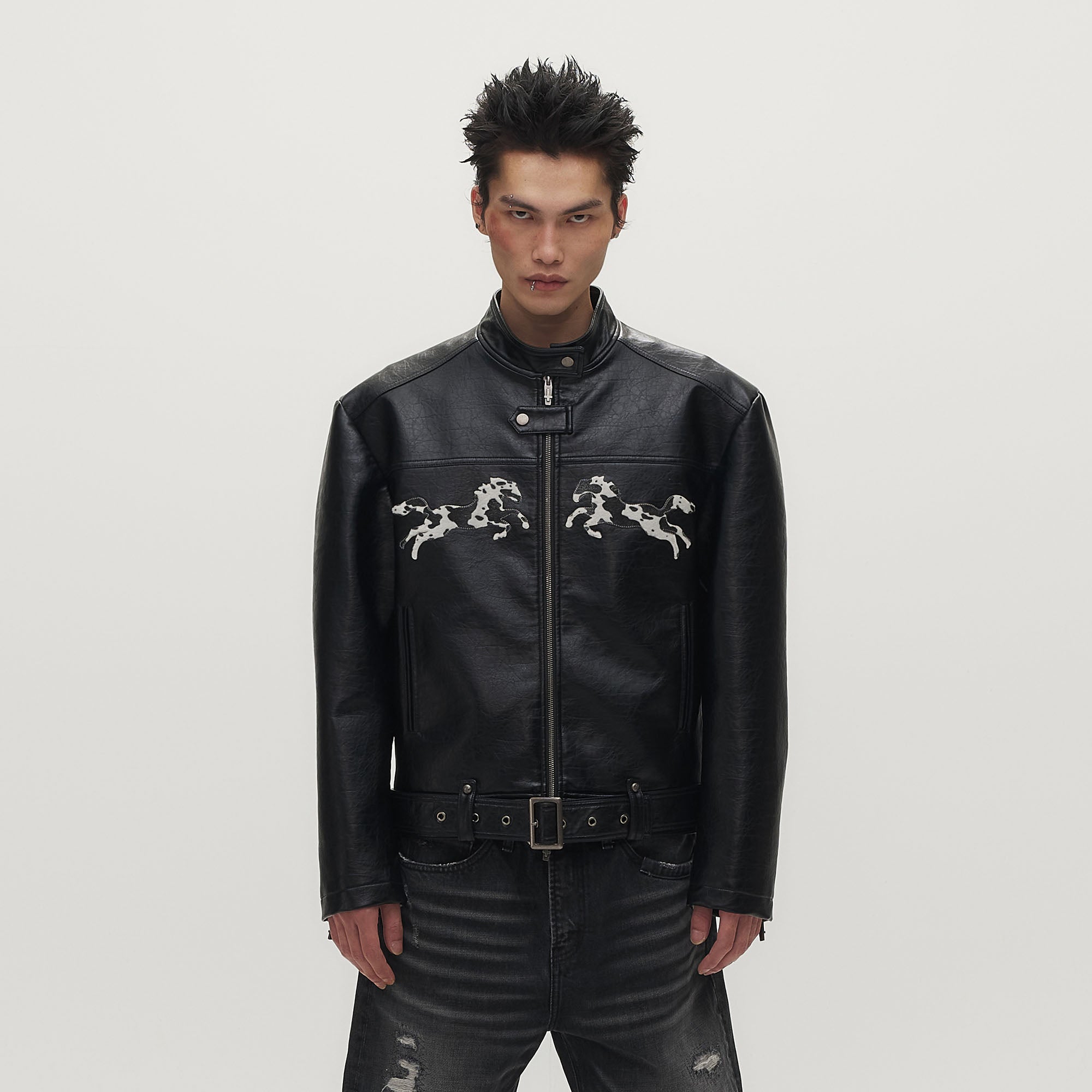 SAVAGEGROWTHWORLD Horse Patch Faux Leather Moto Jacket