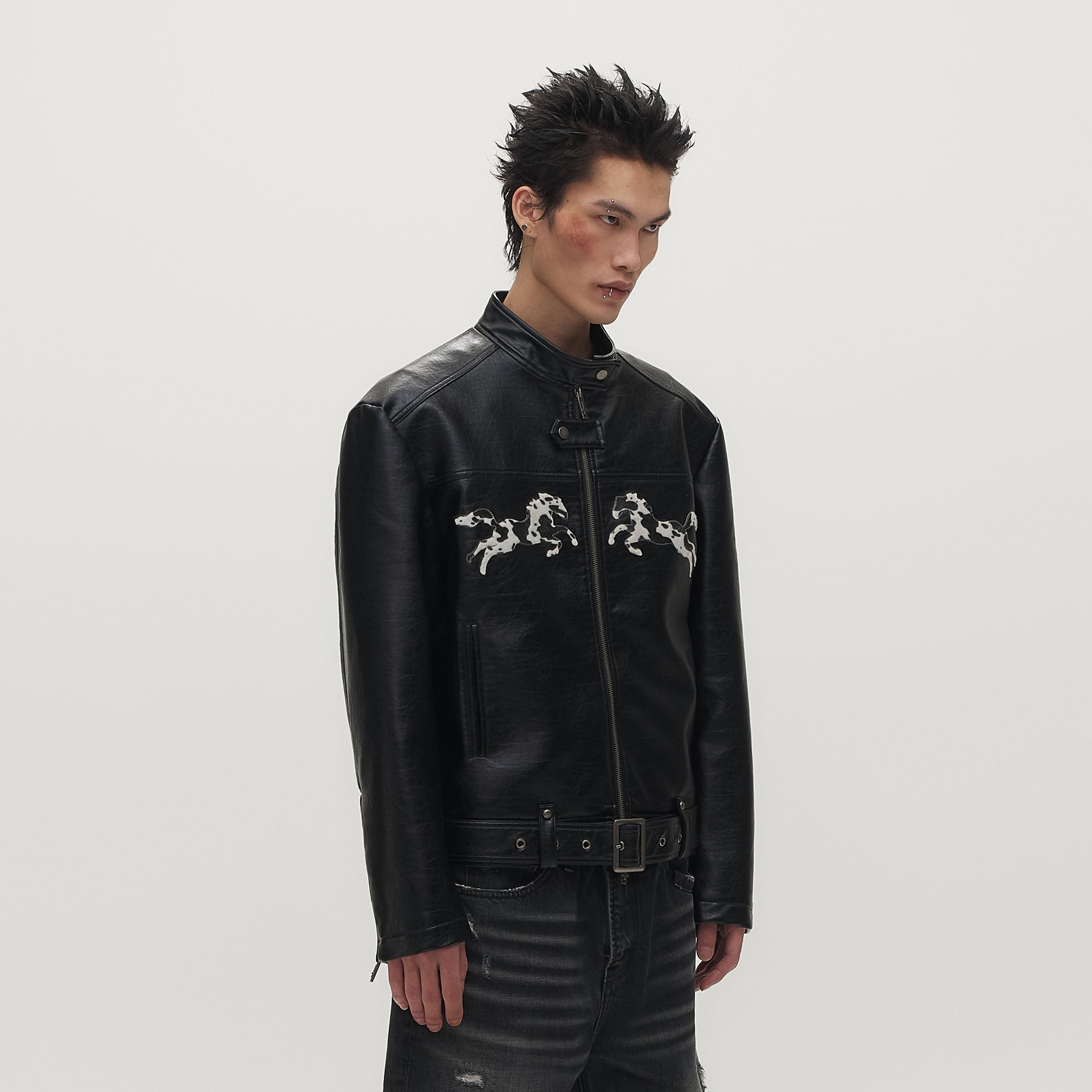 SAVAGEGROWTHWORLD Horse Patch Faux Leather Moto Jacket