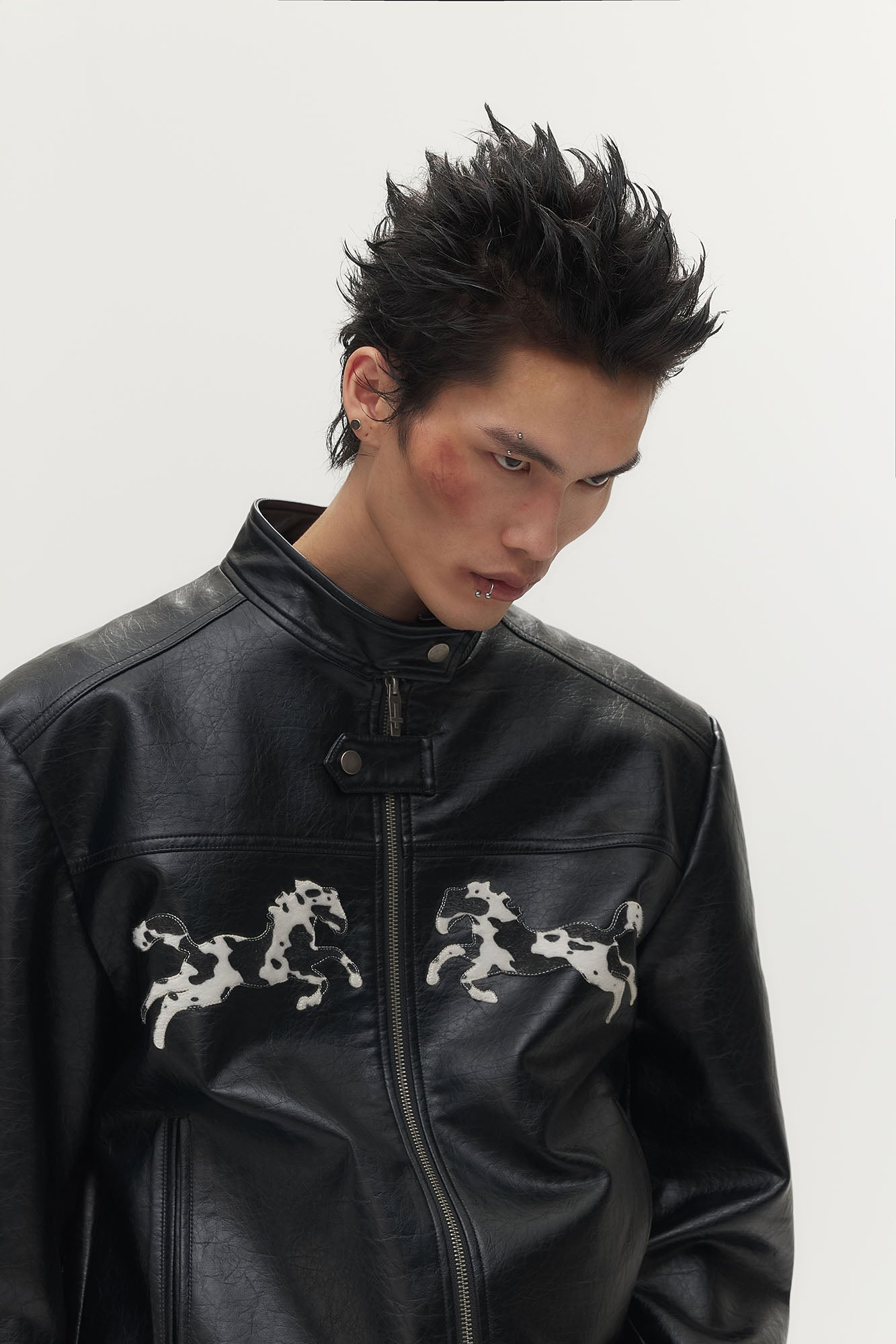 SAVAGEGROWTHWORLD Horse Patch Faux Leather Moto Jacket