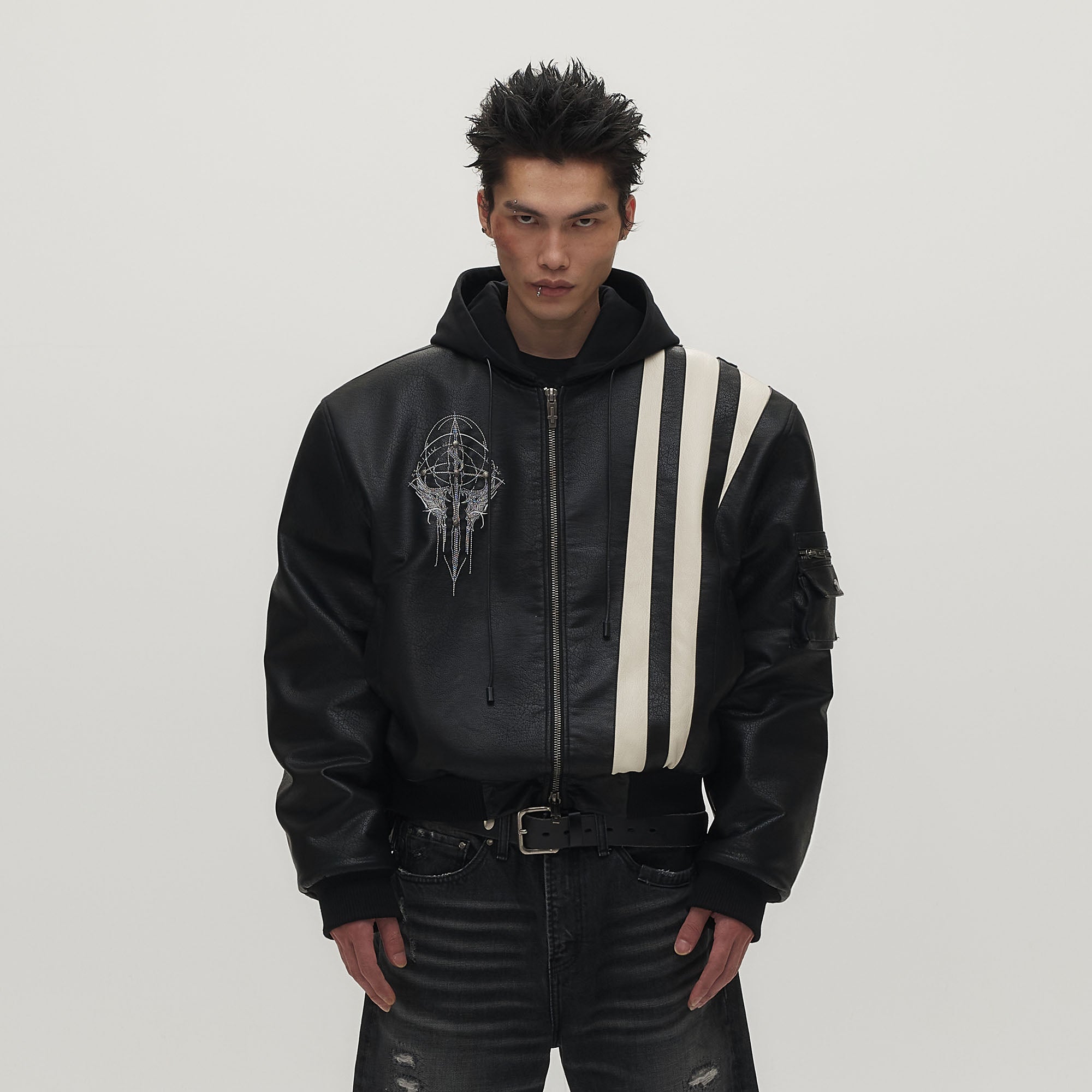 SAVAGEGROWTHWORLD Striped Faux Leather Padded Bomber Jacket