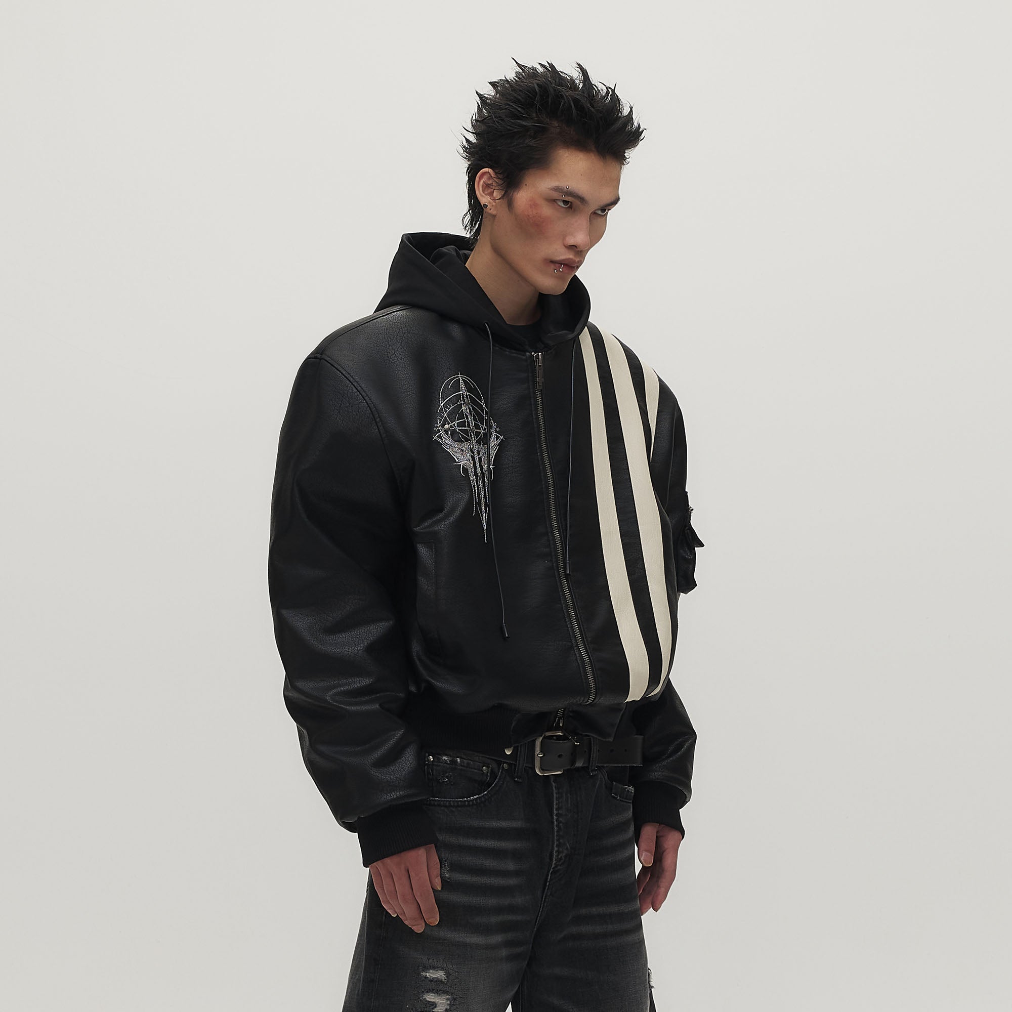 SAVAGEGROWTHWORLD Striped Faux Leather Padded Bomber Jacket