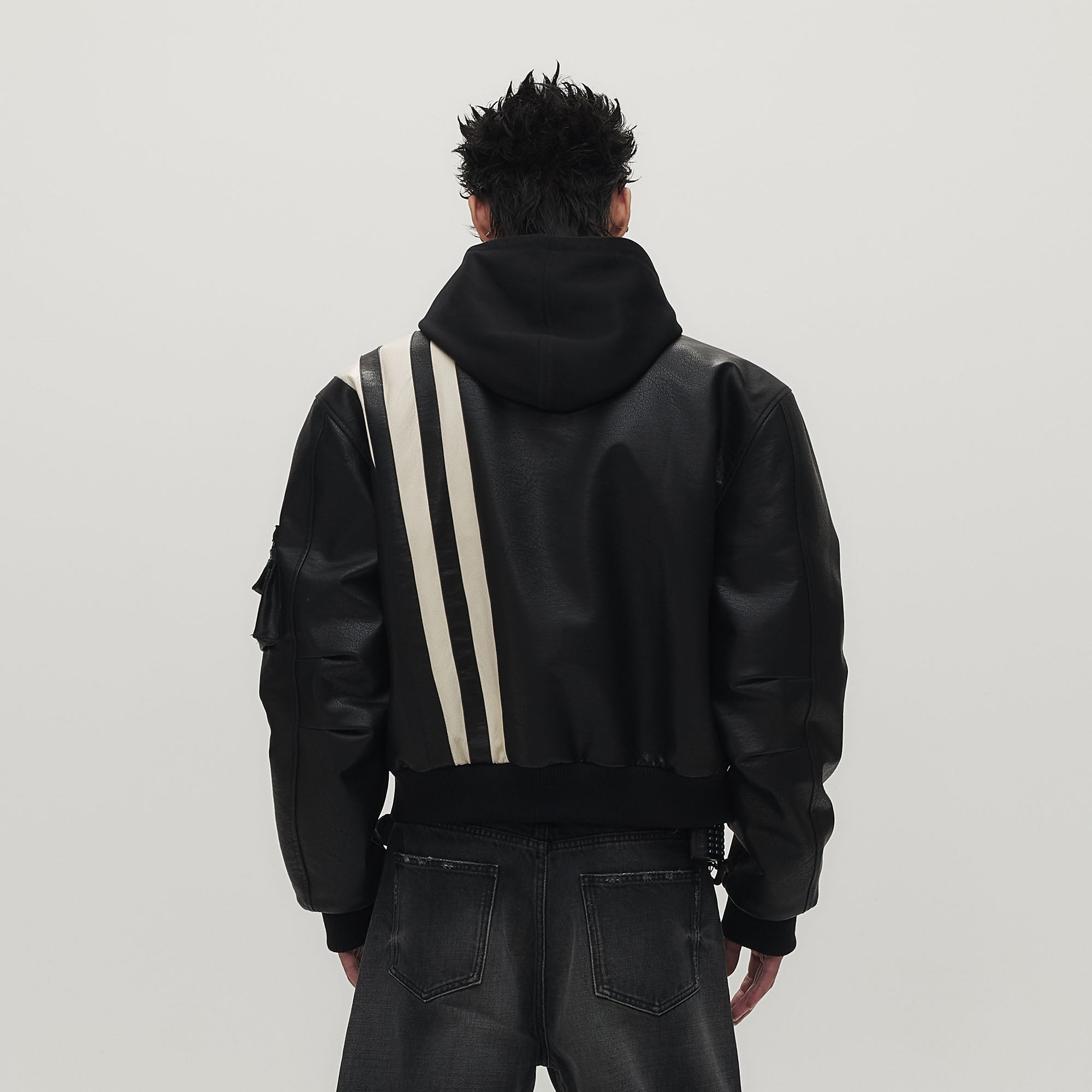 SAVAGEGROWTHWORLD Striped Faux Leather Padded Bomber Jacket