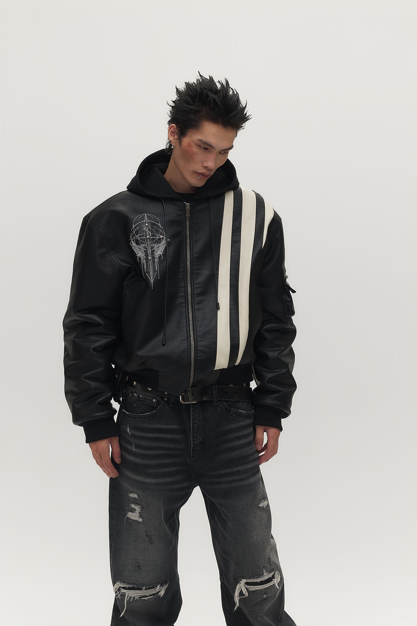 SAVAGEGROWTHWORLD Striped Faux Leather Padded Bomber Jacket