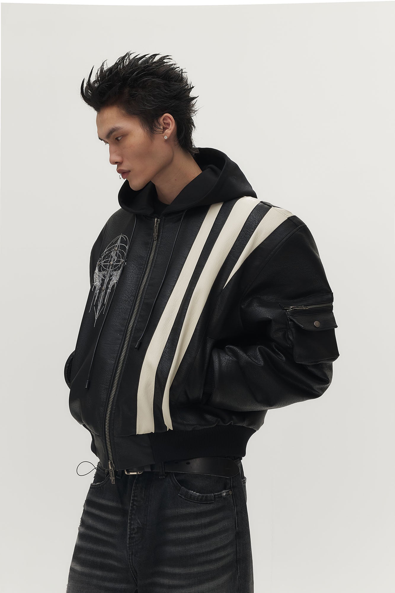 SAVAGEGROWTHWORLD Striped Faux Leather Padded Bomber Jacket