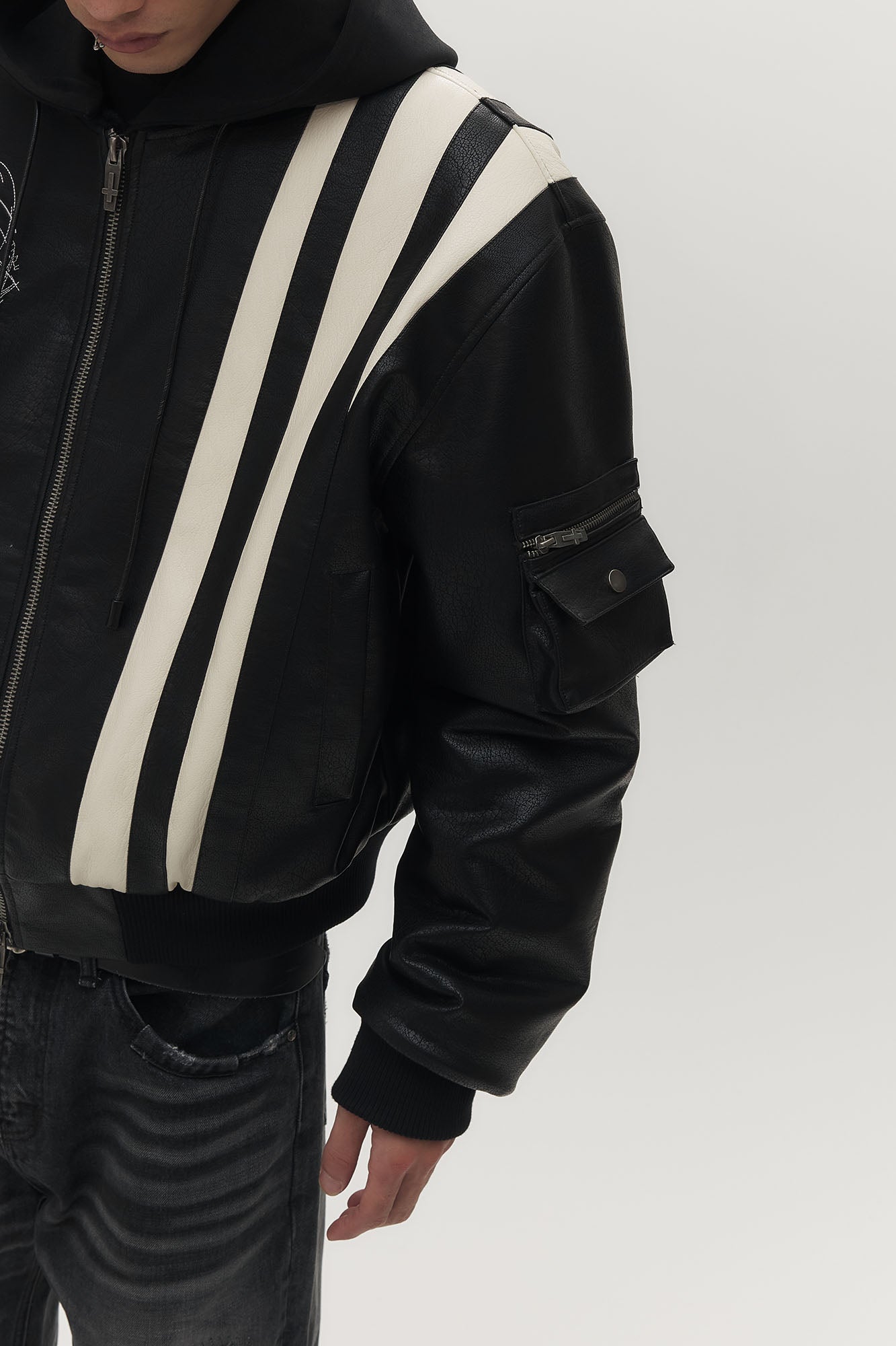 SAVAGEGROWTHWORLD Striped Faux Leather Padded Bomber Jacket