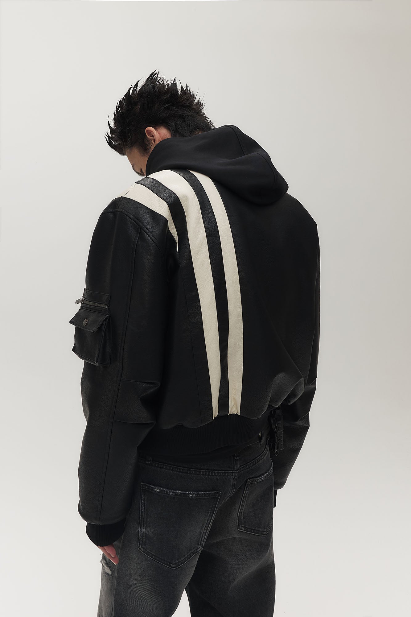 SAVAGEGROWTHWORLD Striped Faux Leather Padded Bomber Jacket