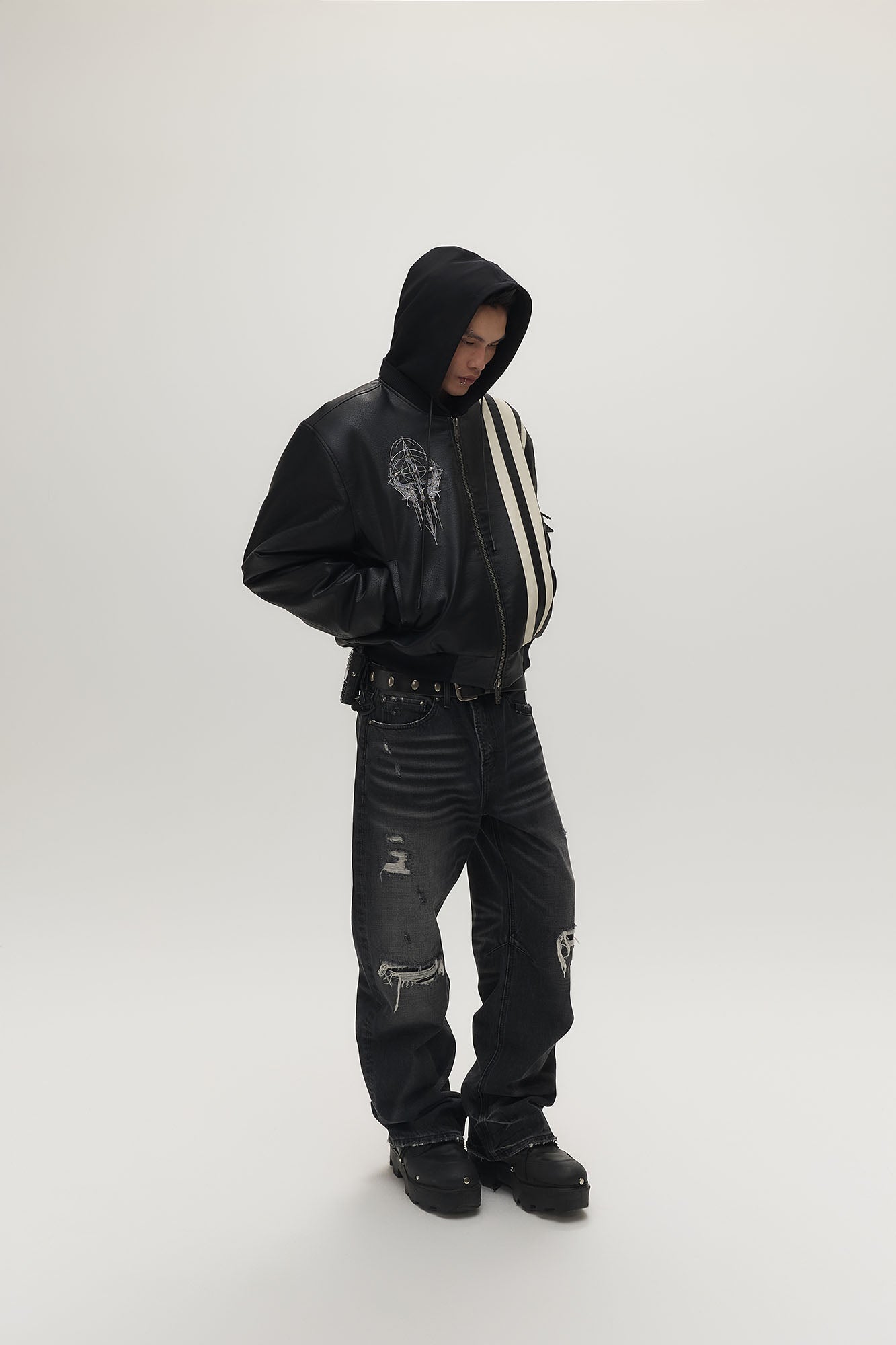 SAVAGEGROWTHWORLD Striped Faux Leather Padded Bomber Jacket