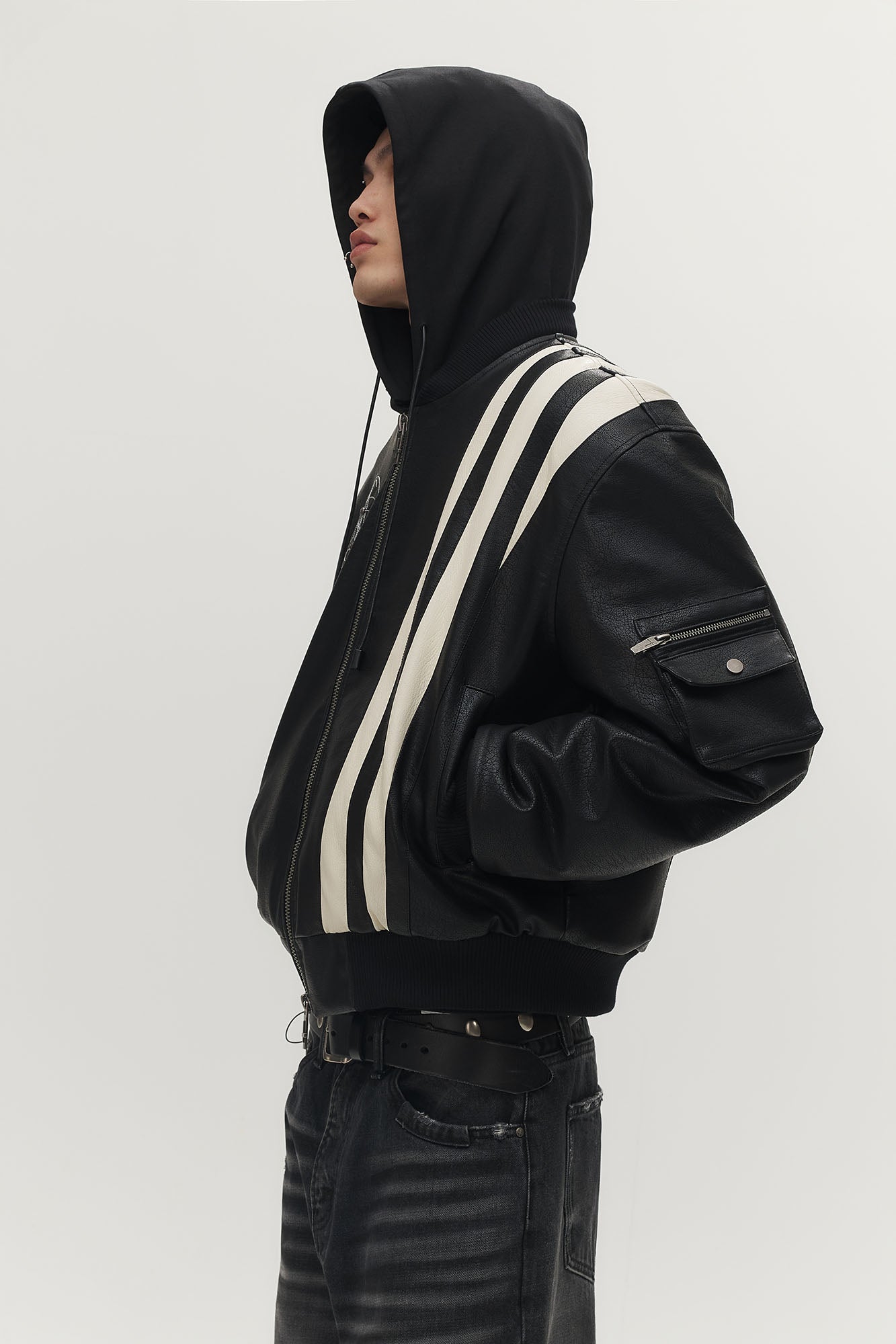SAVAGEGROWTHWORLD Striped Faux Leather Padded Bomber Jacket