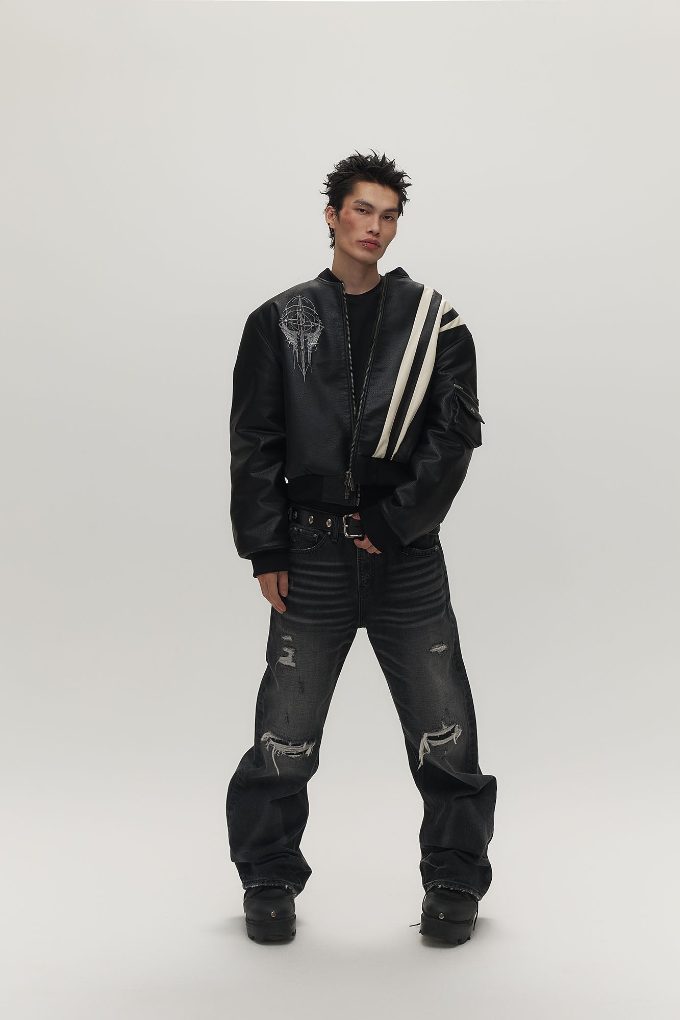 SAVAGEGROWTHWORLD Striped Faux Leather Padded Bomber Jacket