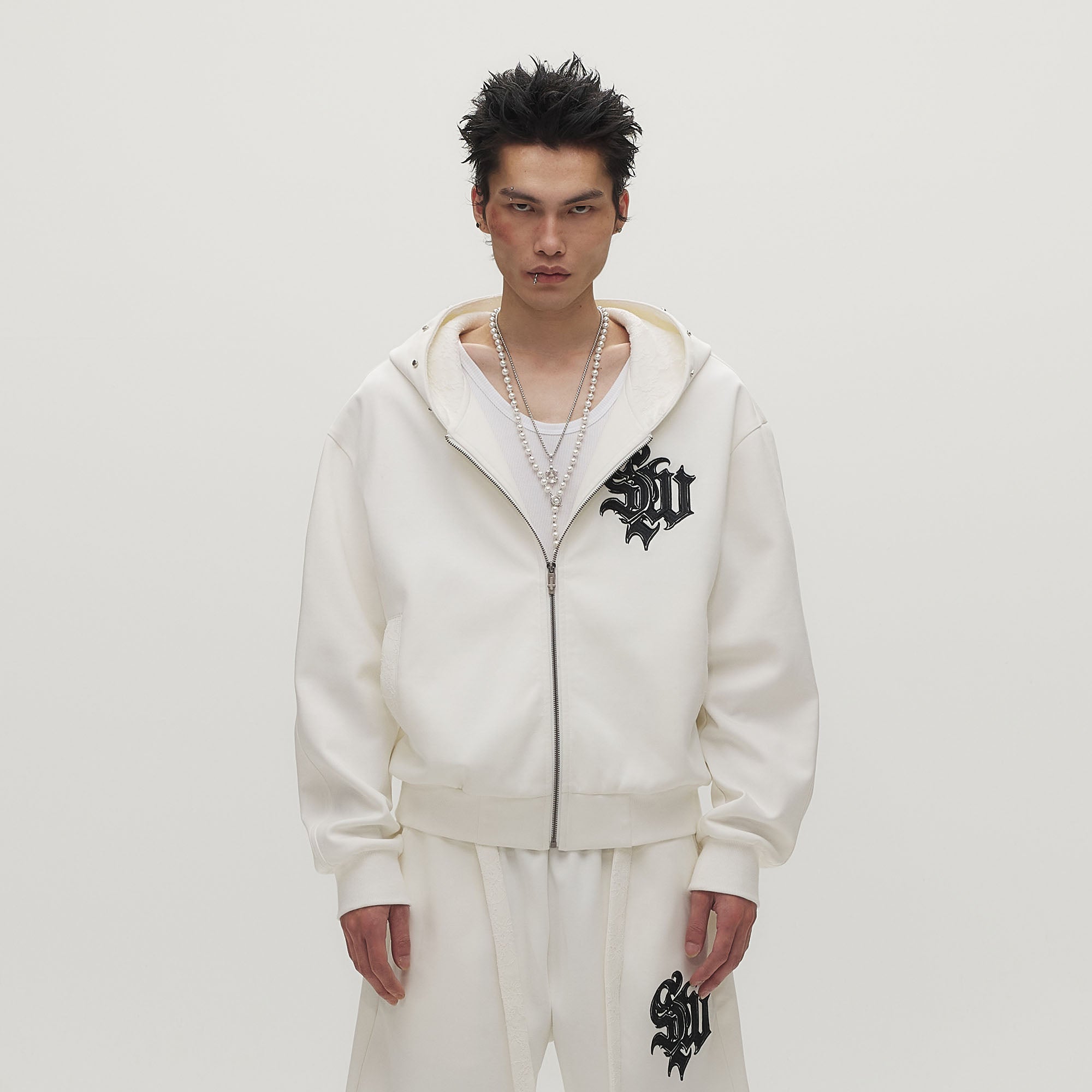 SAVAGEGROWTHWORLD Gothic Lettering Embroidered Zip-Up Hoodie