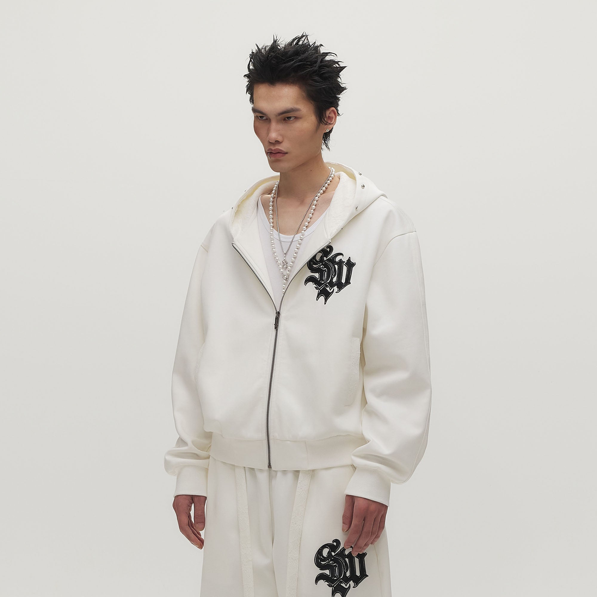 SAVAGEGROWTHWORLD Gothic Lettering Embroidered Zip-Up Hoodie