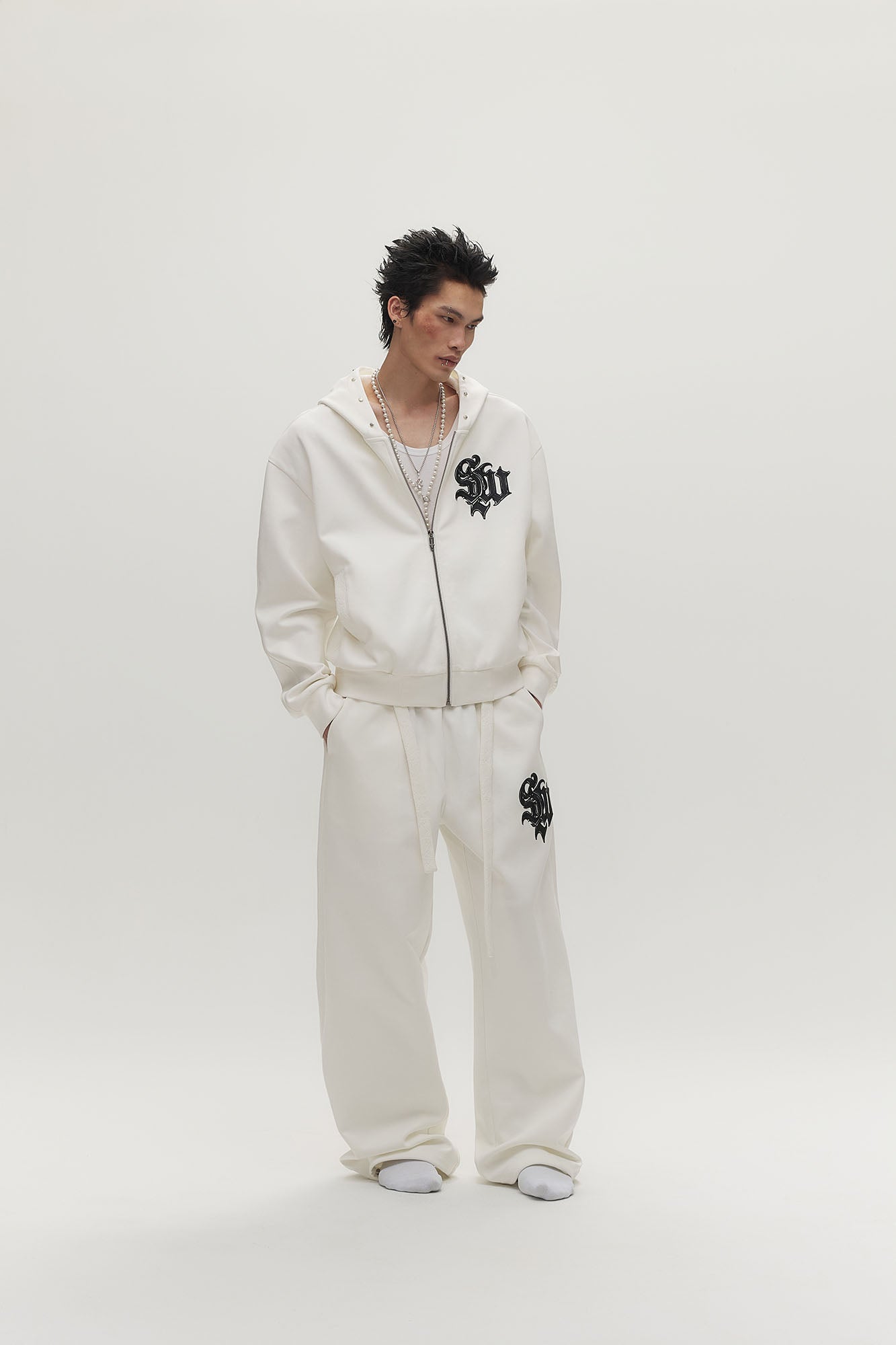 SAVAGEGROWTHWORLD Gothic Lettering Embroidered Zip-Up Hoodie