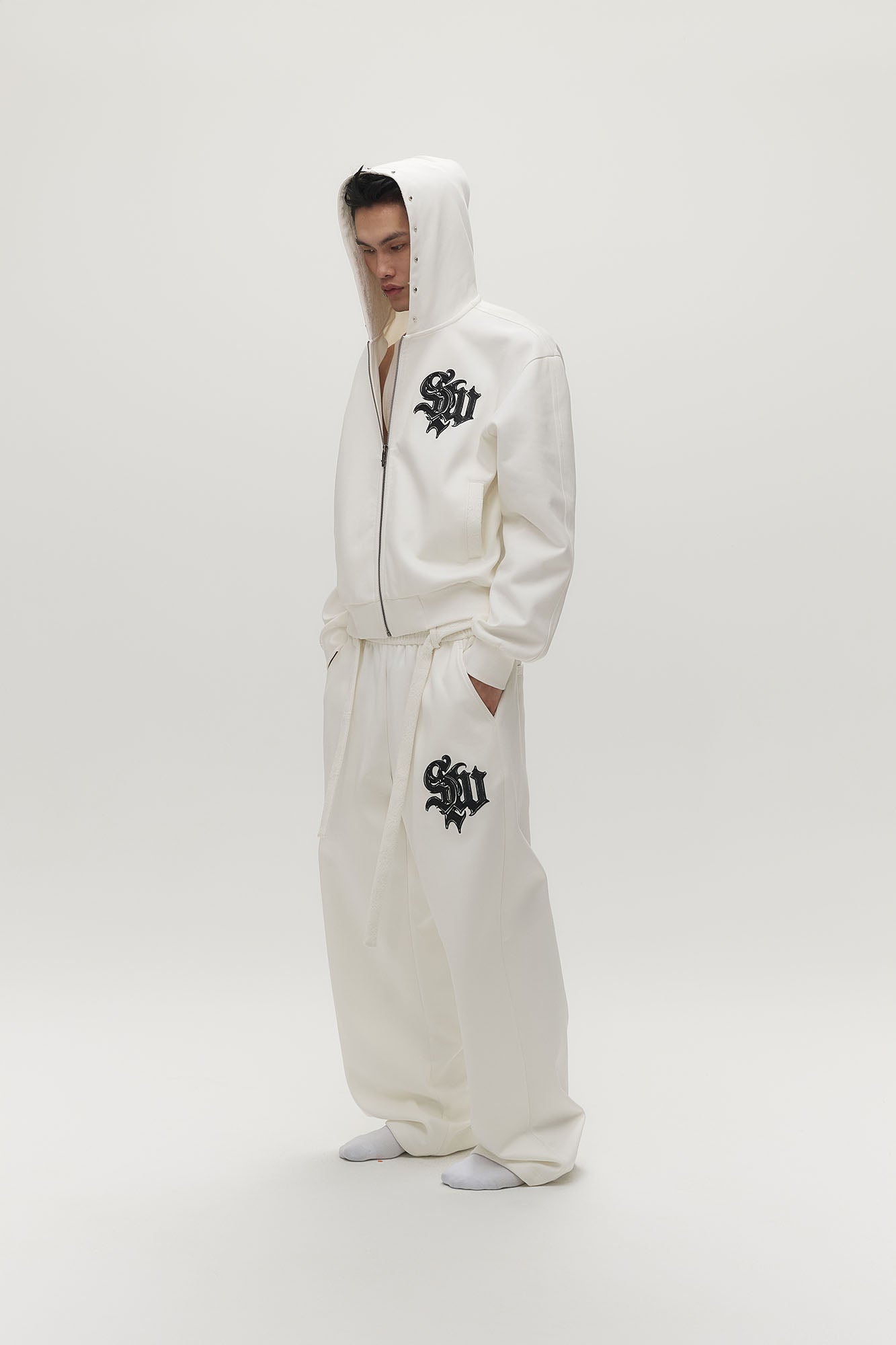 SAVAGEGROWTHWORLD Gothic Lettering Embroidered Zip-Up Hoodie