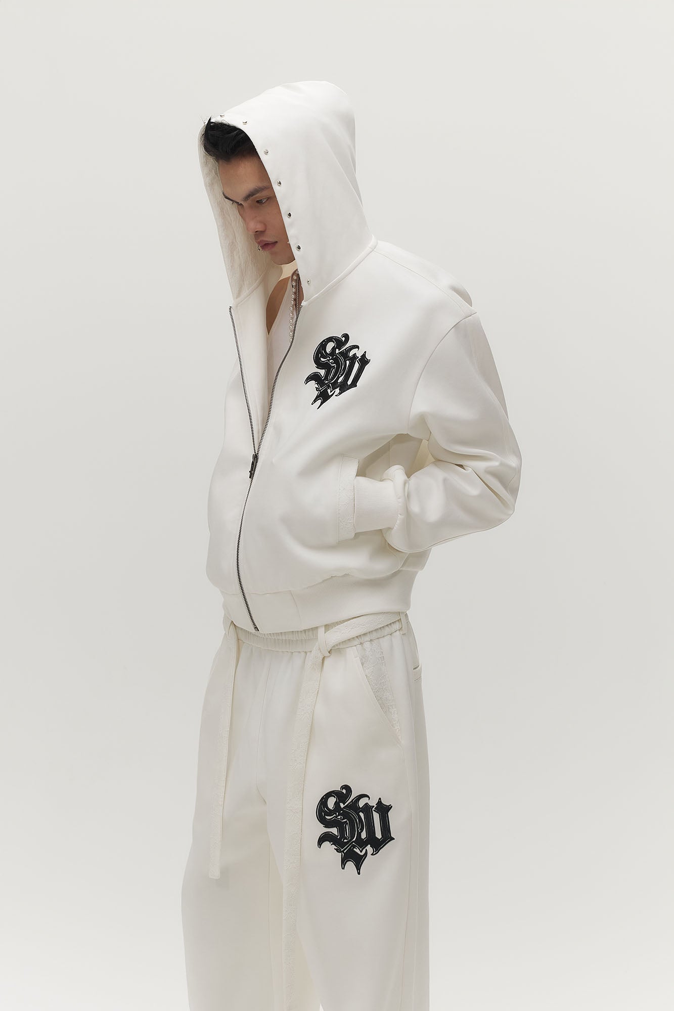 SAVAGEGROWTHWORLD Gothic Lettering Embroidered Zip-Up Hoodie