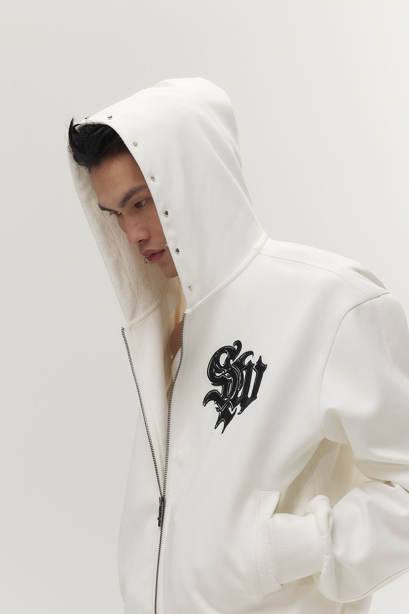 SAVAGEGROWTHWORLD Gothic Lettering Embroidered Zip-Up Hoodie