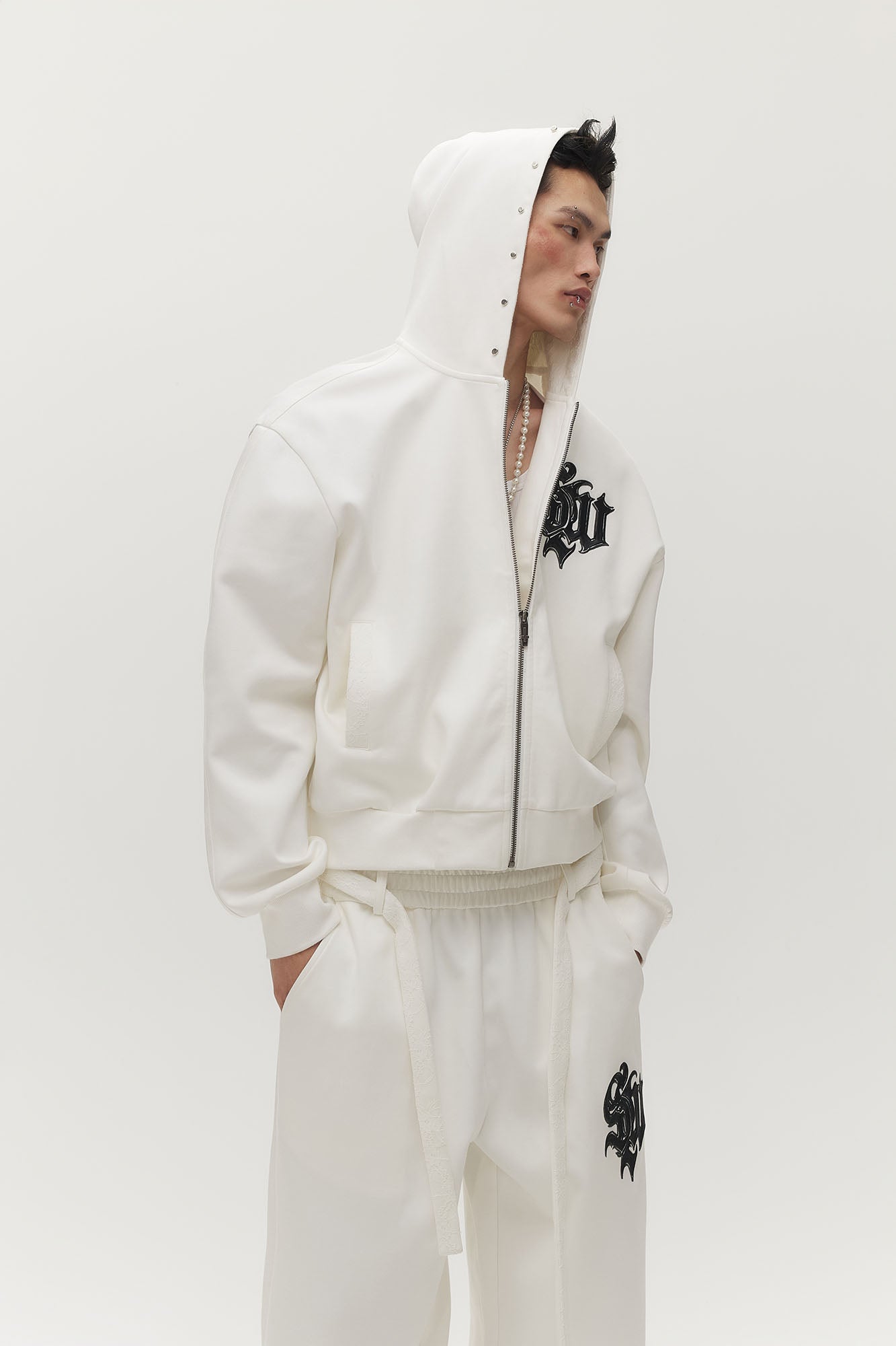 SAVAGEGROWTHWORLD Gothic Lettering Embroidered Zip-Up Hoodie
