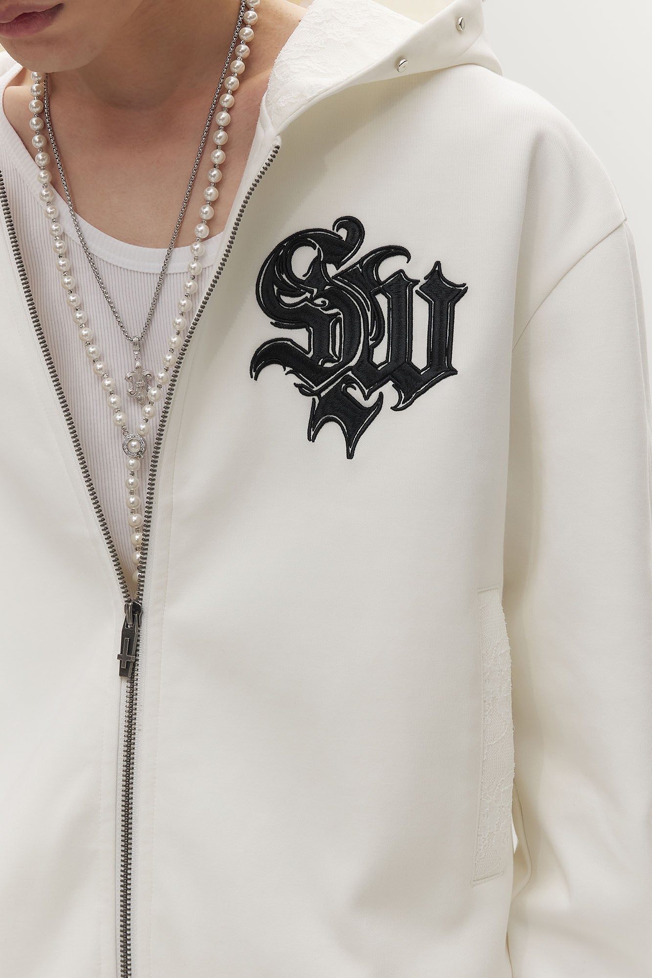 SAVAGEGROWTHWORLD Gothic Lettering Embroidered Zip-Up Hoodie