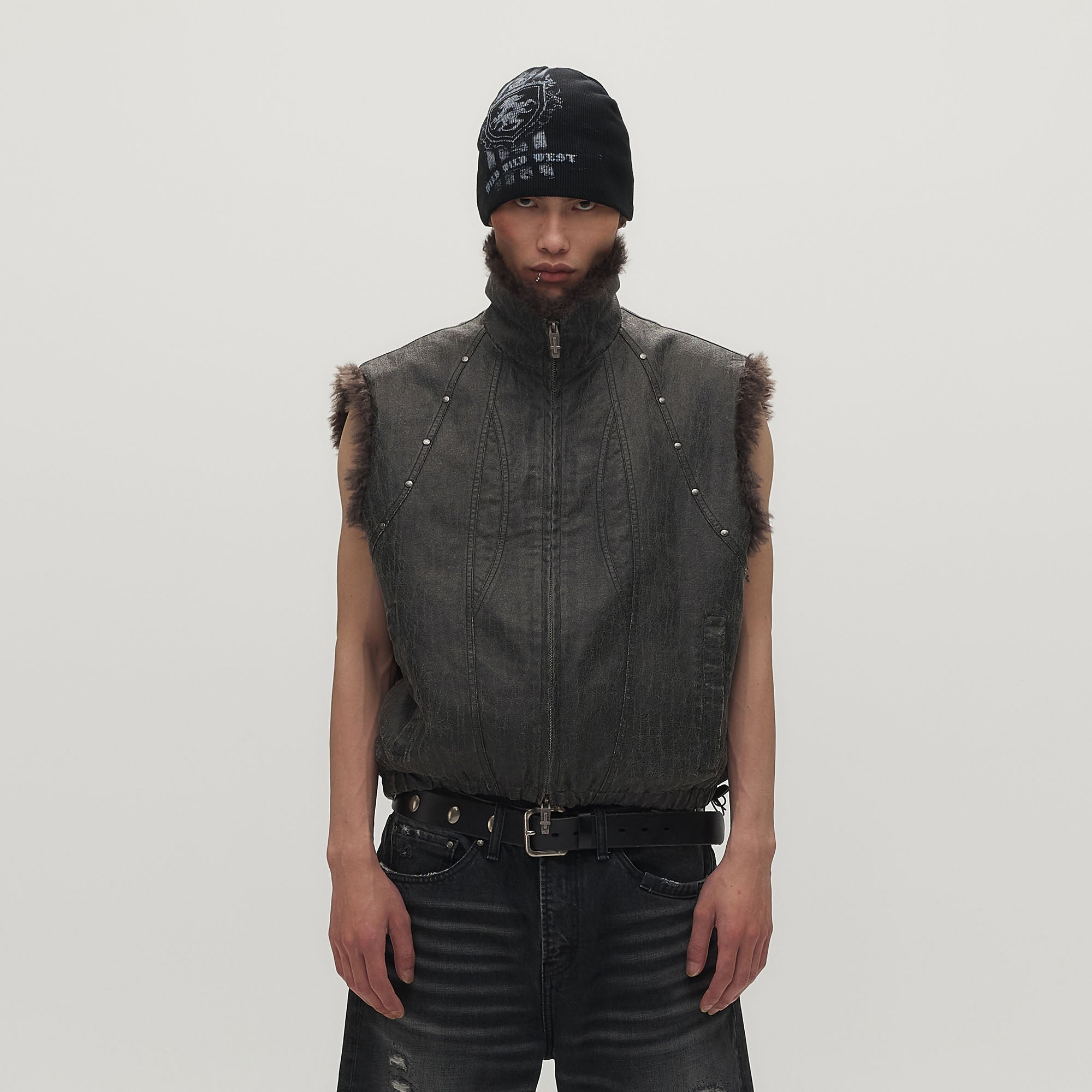 SAVAGEGROWTHWORLD Washed Faux Fur Lining Studded Vest