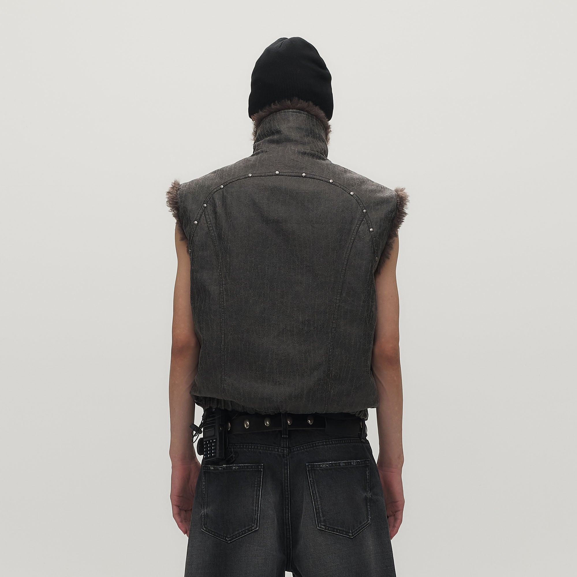 SAVAGEGROWTHWORLD Washed Faux Fur Lining Studded Vest