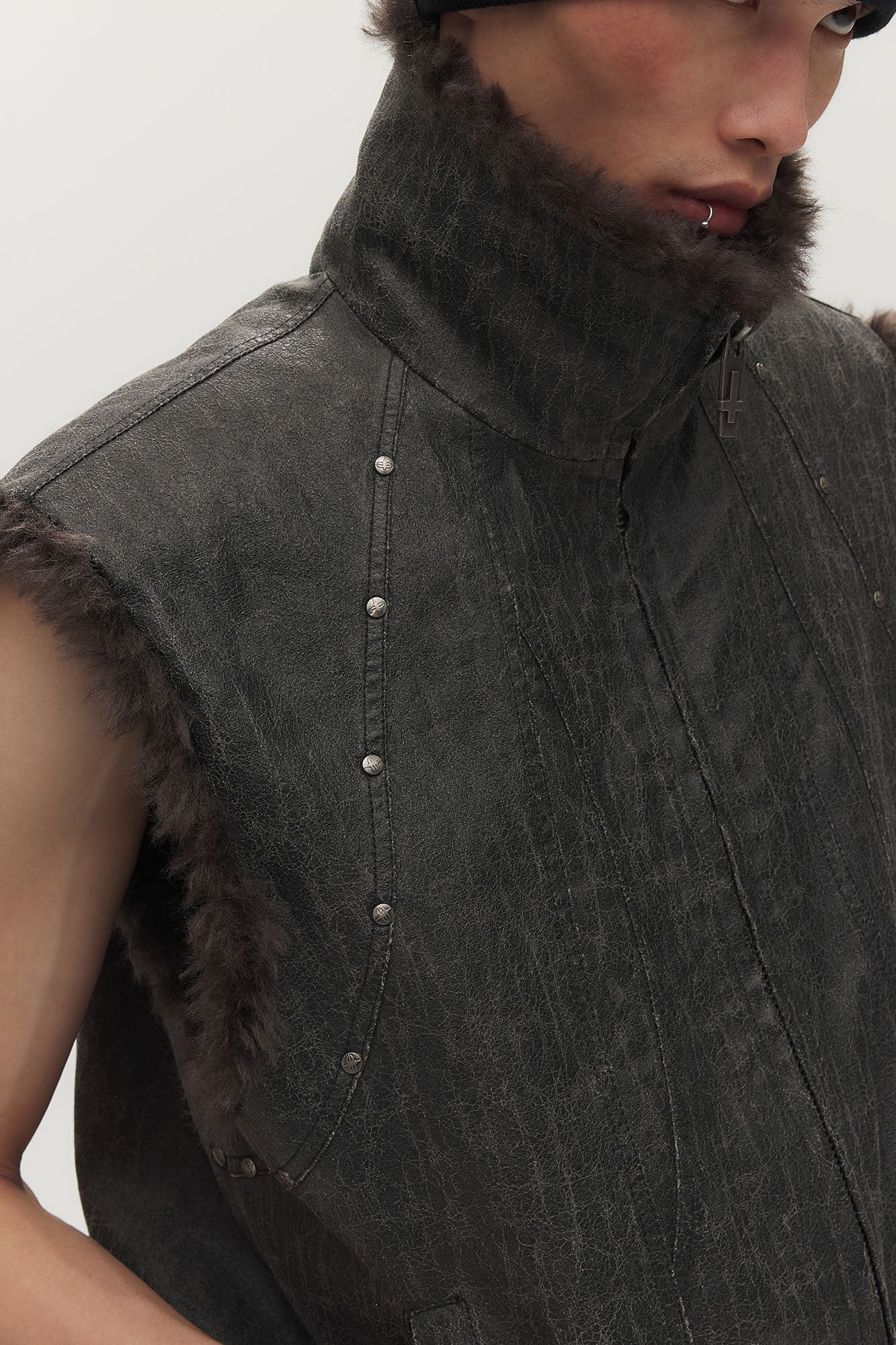 SAVAGEGROWTHWORLD Washed Faux Fur Lining Studded Vest