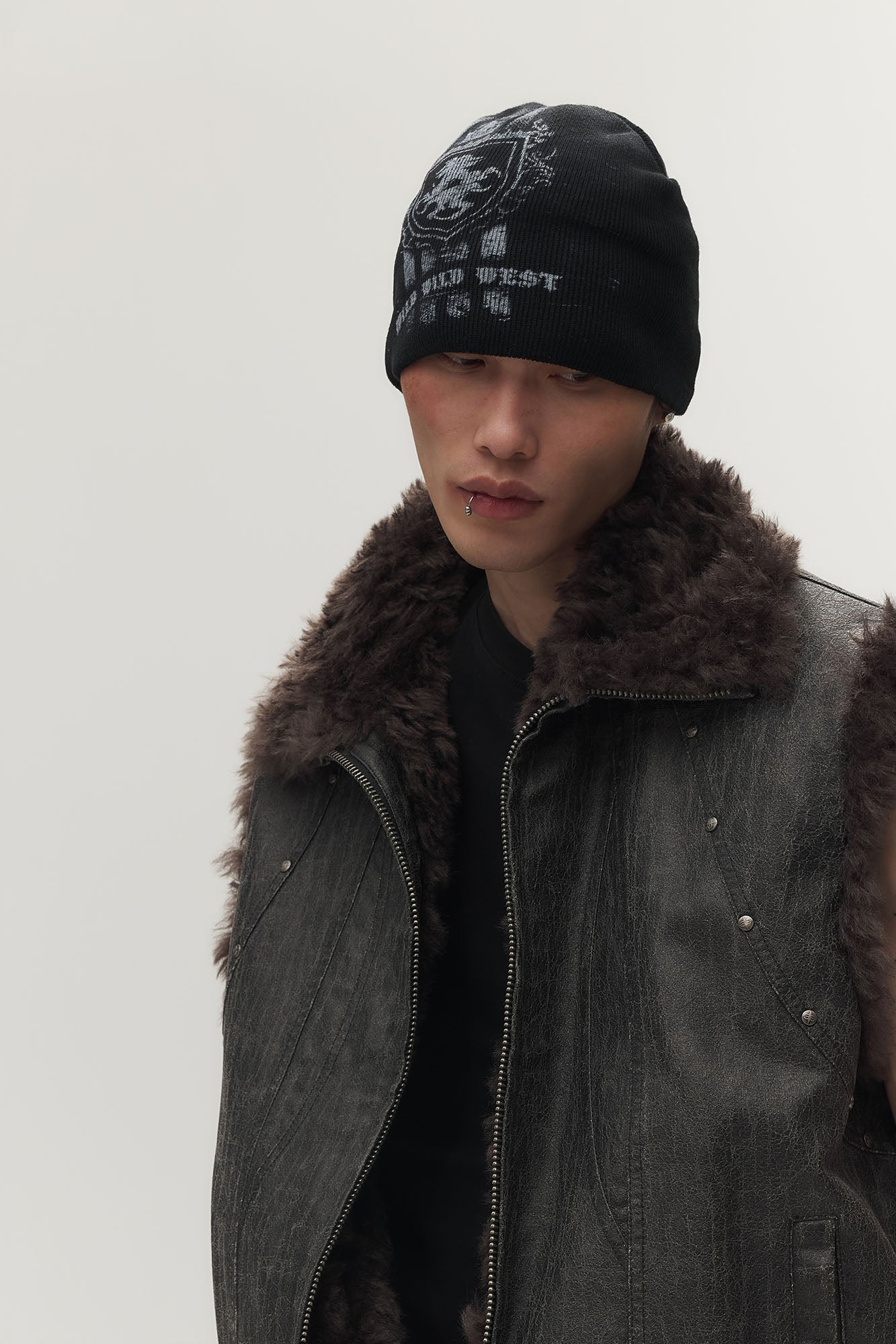 SAVAGEGROWTHWORLD Washed Faux Fur Lining Studded Vest