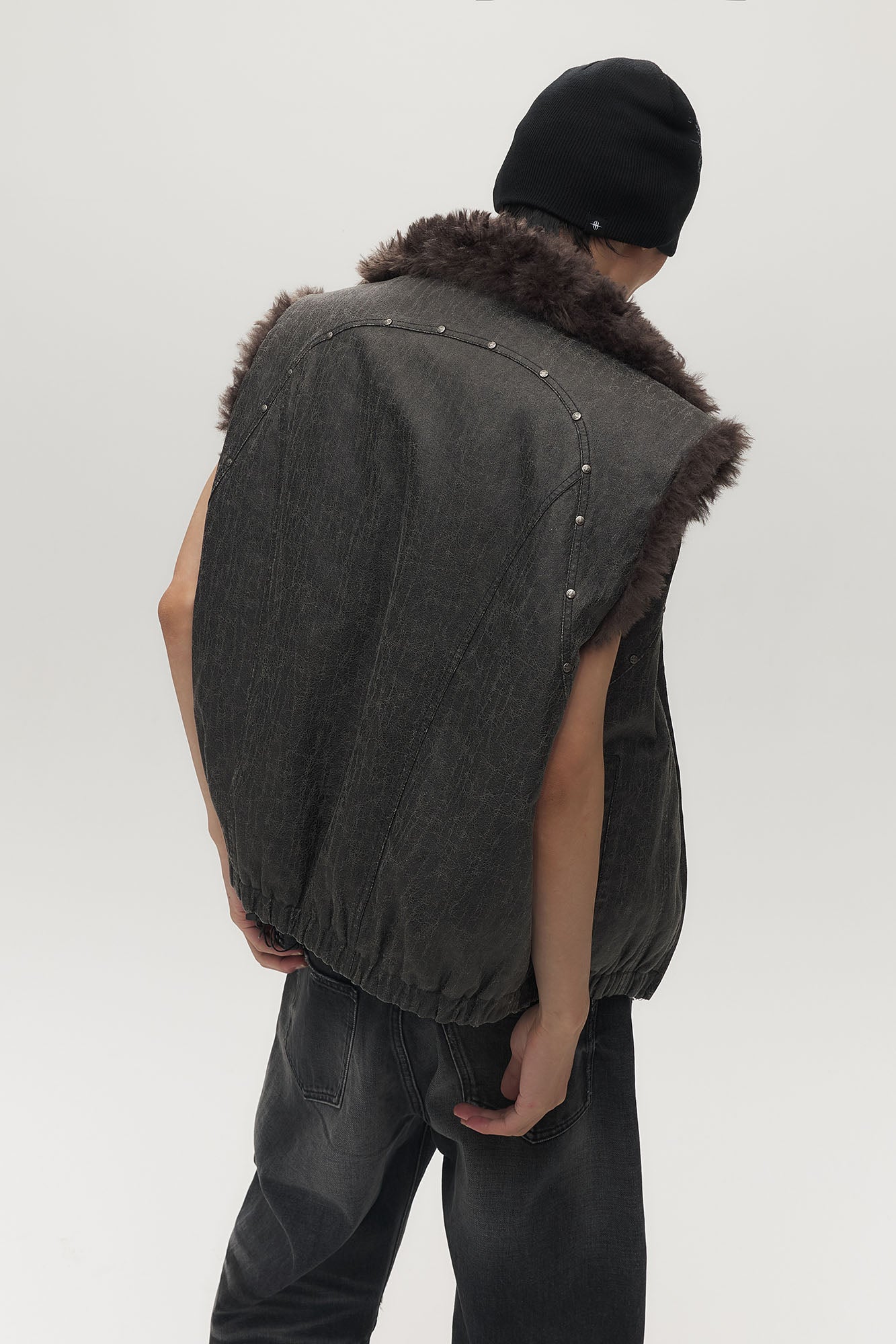 SAVAGEGROWTHWORLD Washed Faux Fur Lining Studded Vest
