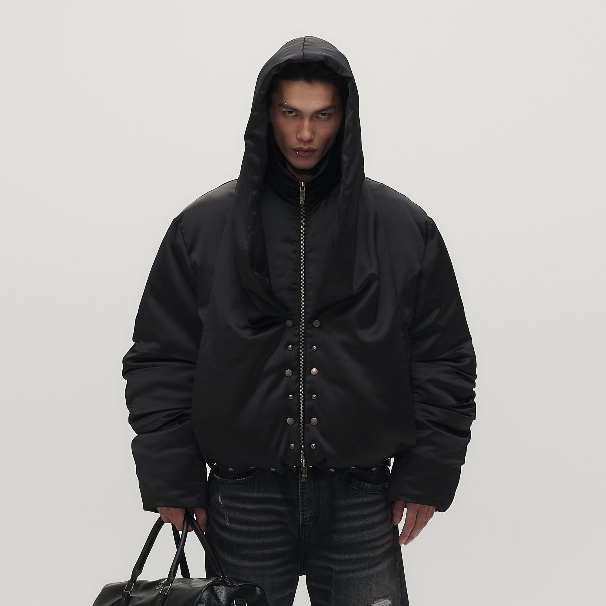 SAVAGEGROWTHWORLD Detachable Hood Satin Oversized Bomber Jacket