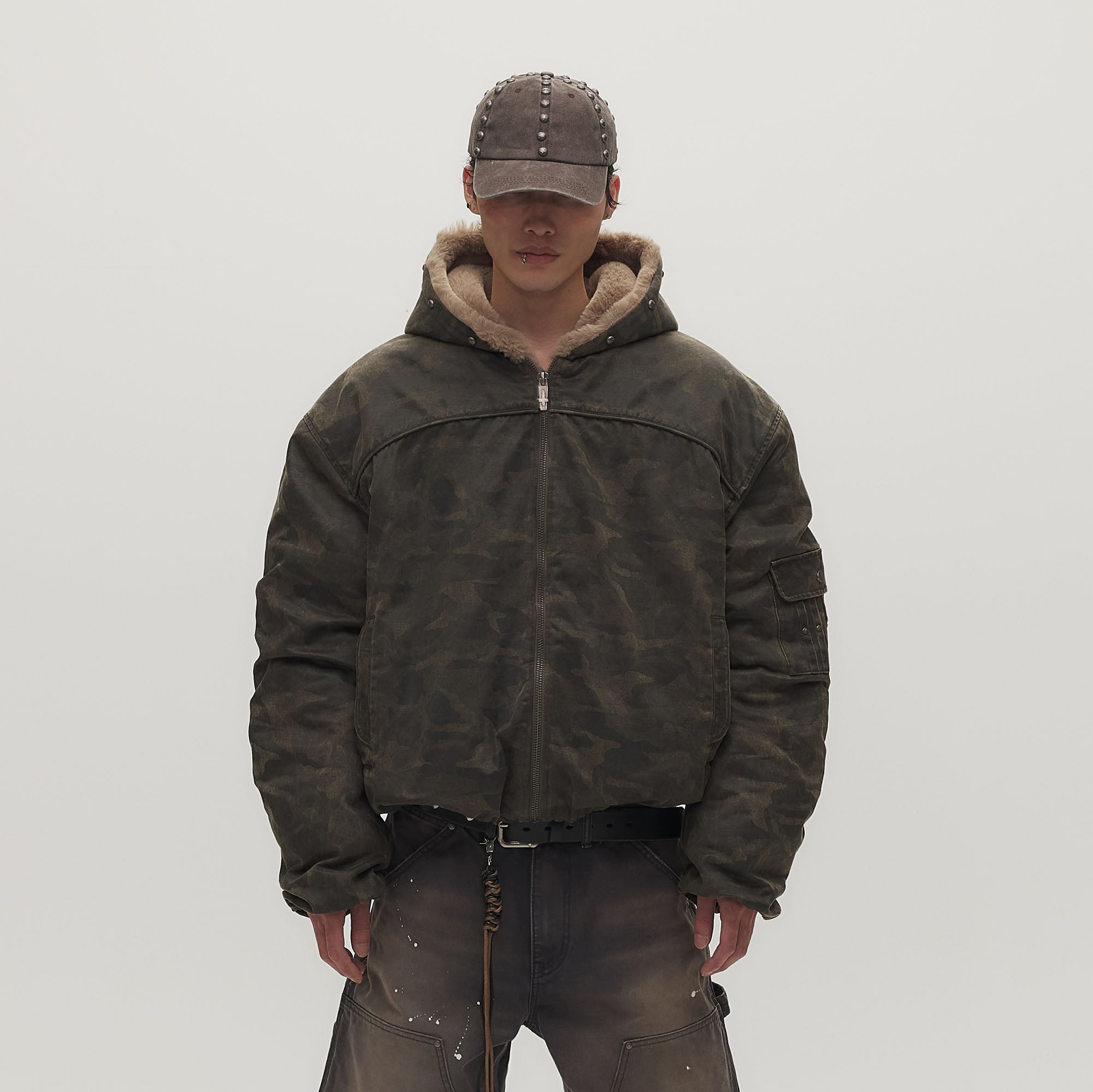 SAVAGEGROWTHWORLD Camo Faux Fur Lining Bomber Jacket