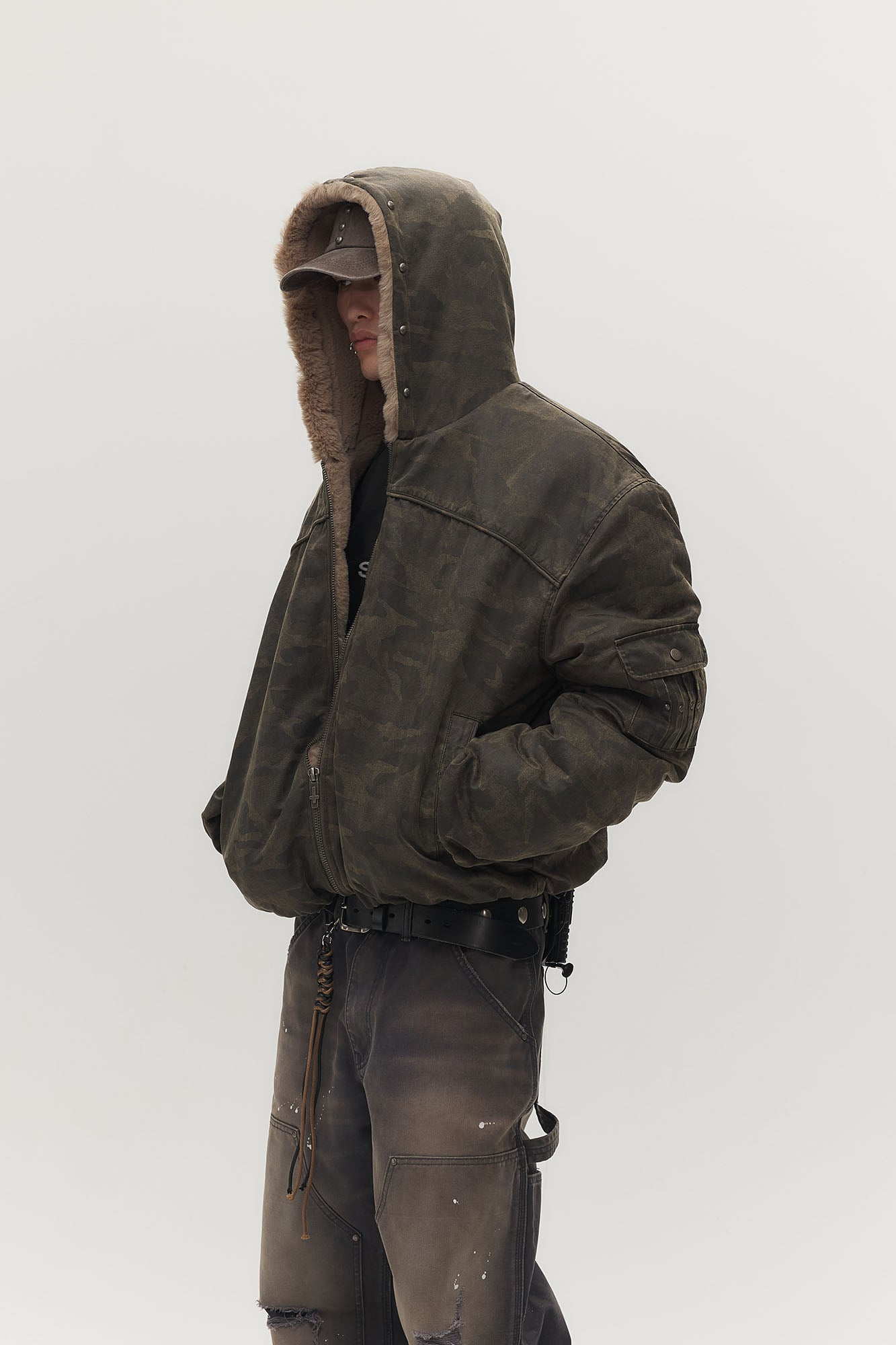 SAVAGEGROWTHWORLD Camo Faux Fur Lining Bomber Jacket