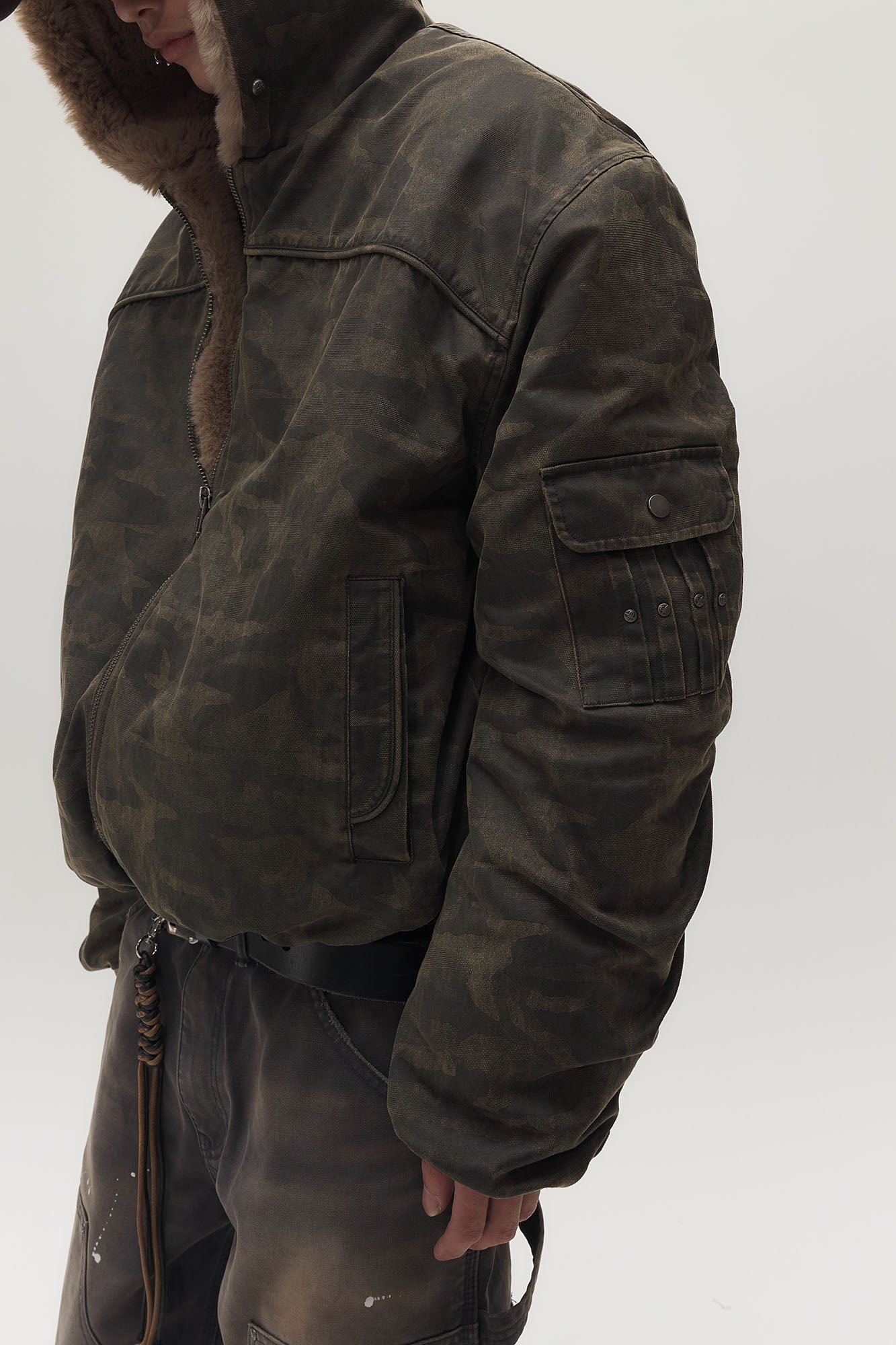 SAVAGEGROWTHWORLD Camo Faux Fur Lining Bomber Jacket